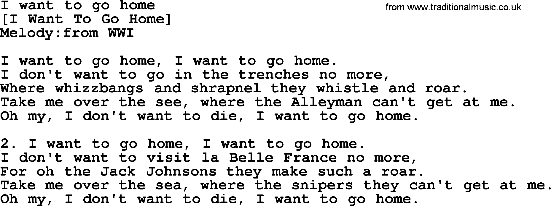 Old English Song: I Want To Go Home lyrics