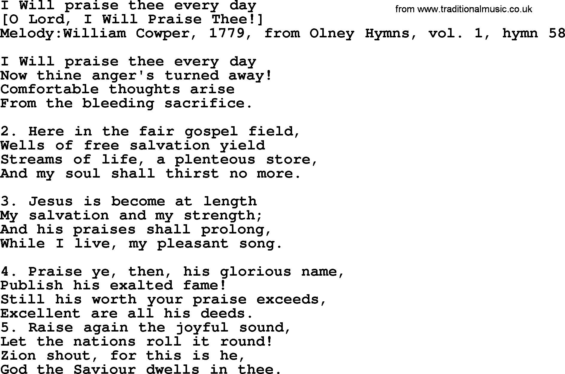 Old English Song: I Will Praise Thee Every Day lyrics