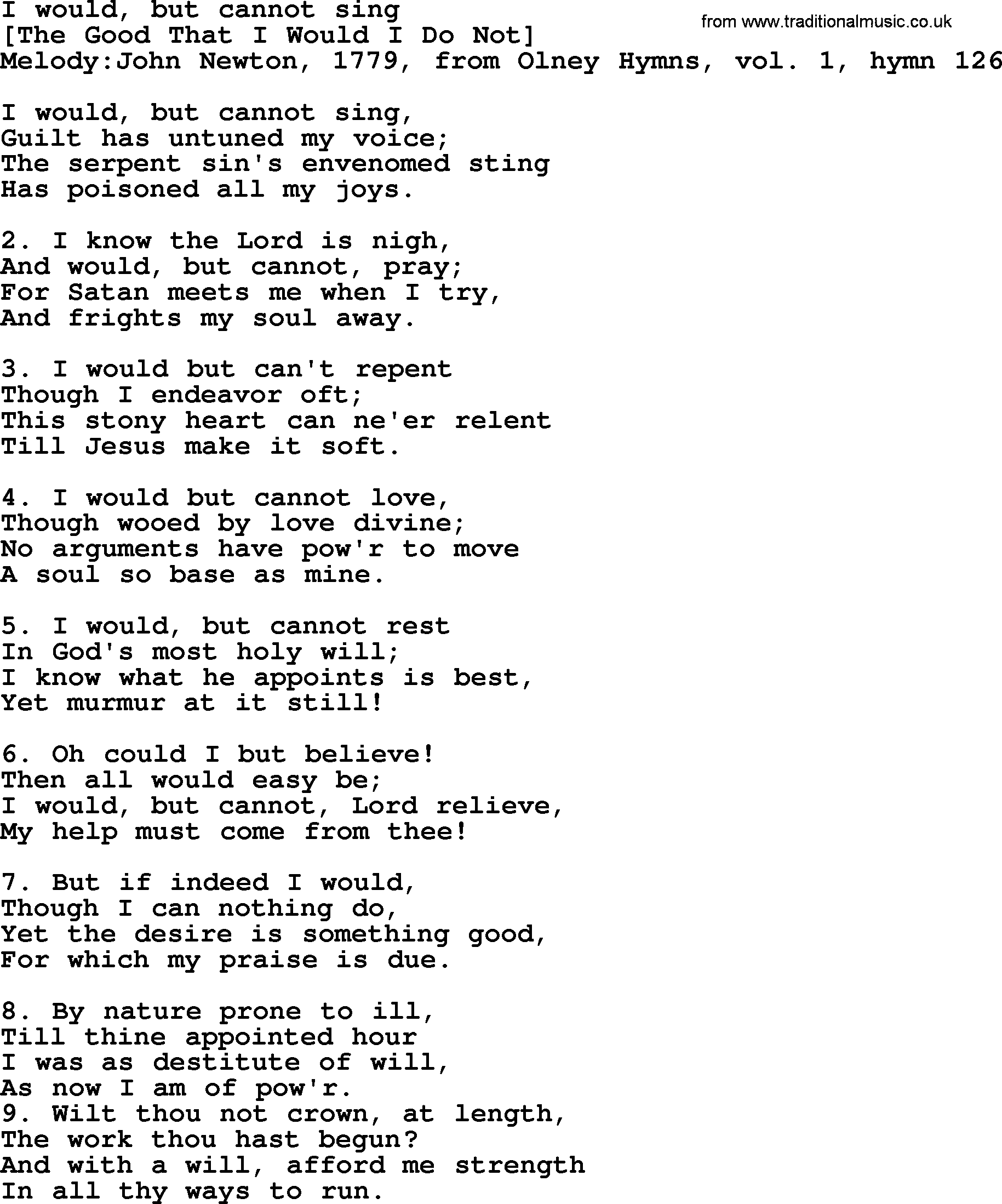 Old English Song: I Would, But Cannot Sing lyrics