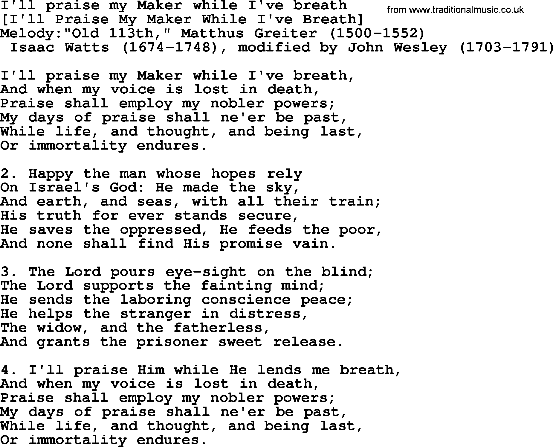 Old English Song: I'll Praise My Maker While I've Breath lyrics