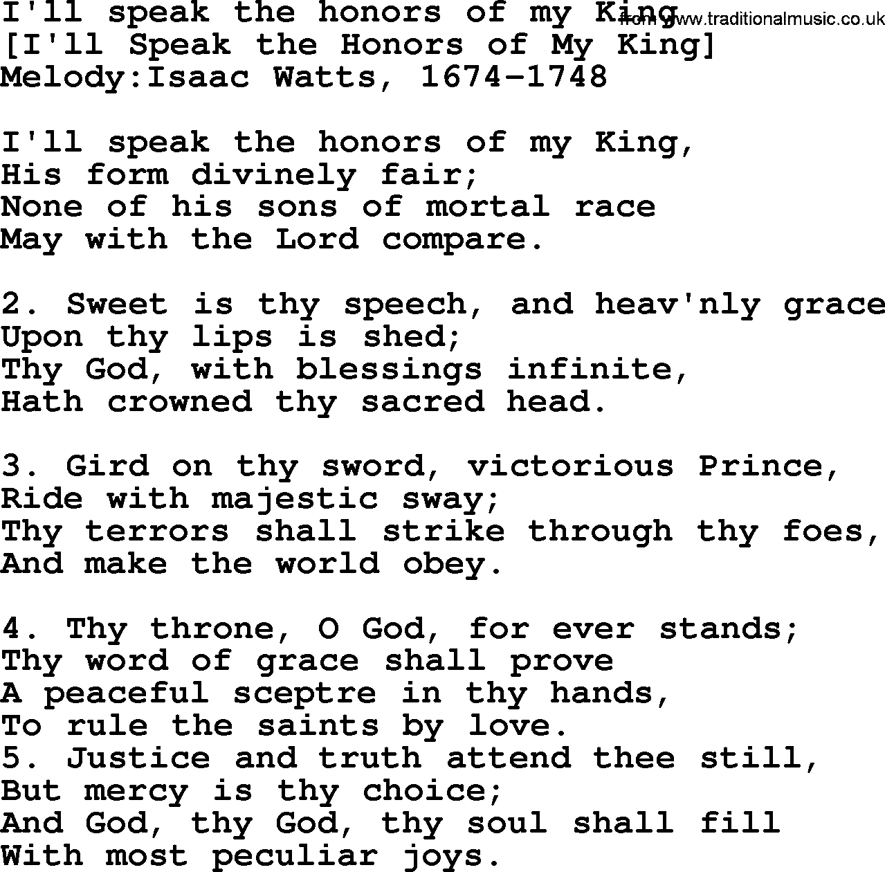 Old English Song: I'll Speak The Honors Of My King lyrics