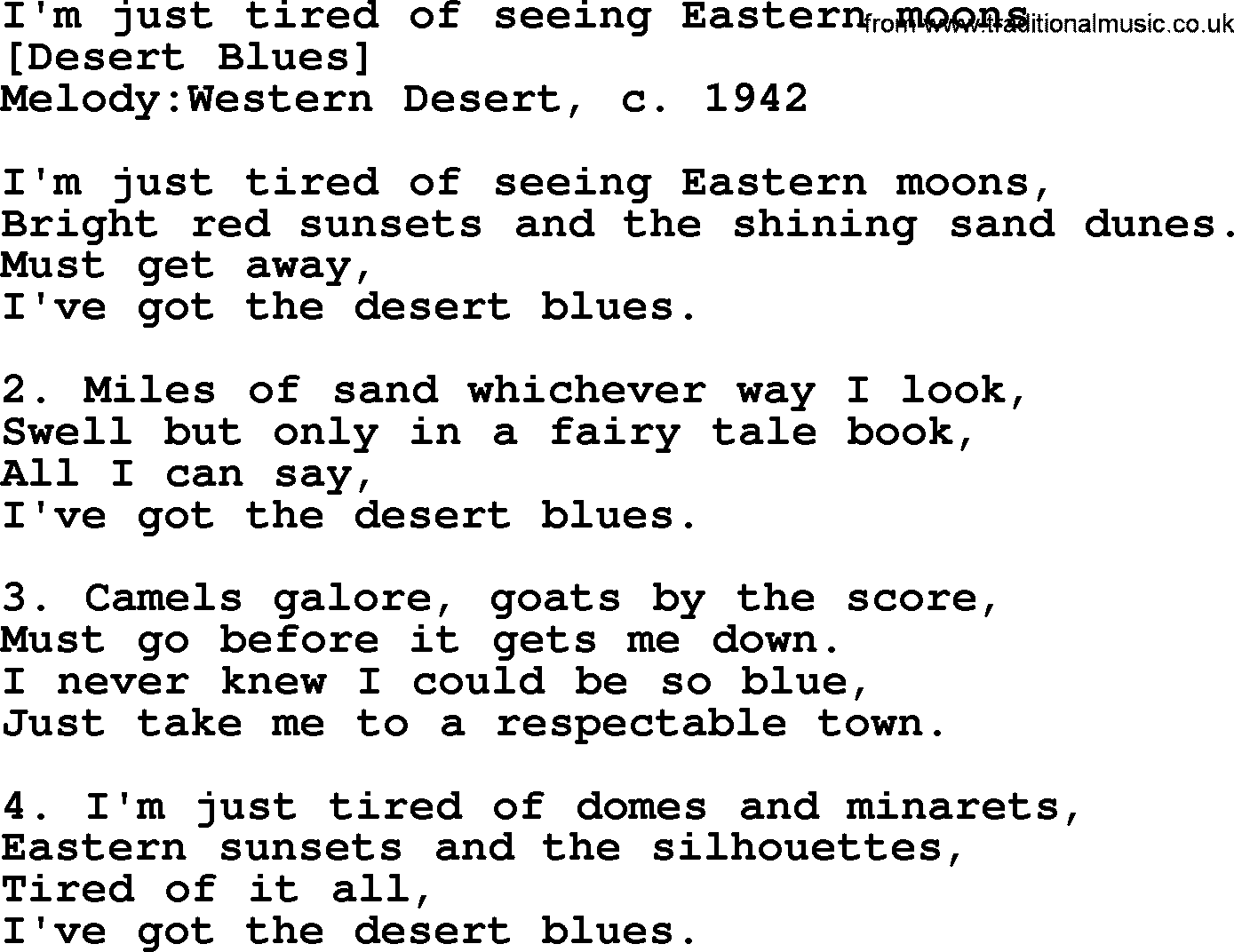 Old English Song: I'm Just Tired Of Seeing Eastern Moons lyrics
