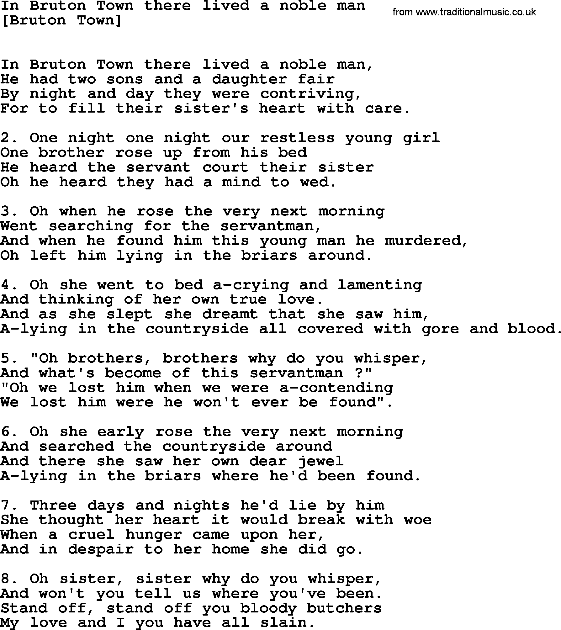 Old English Song: In Bruton Town There Lived A Noble Man lyrics