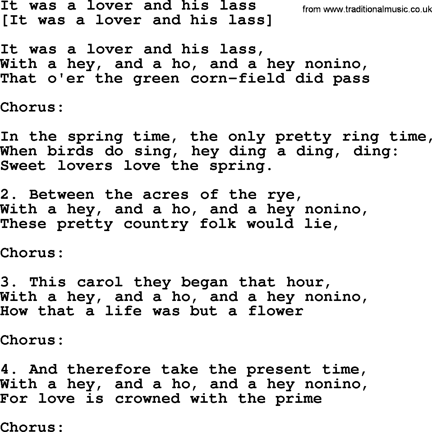Old English Song: It Was A Lover And His Lass lyrics