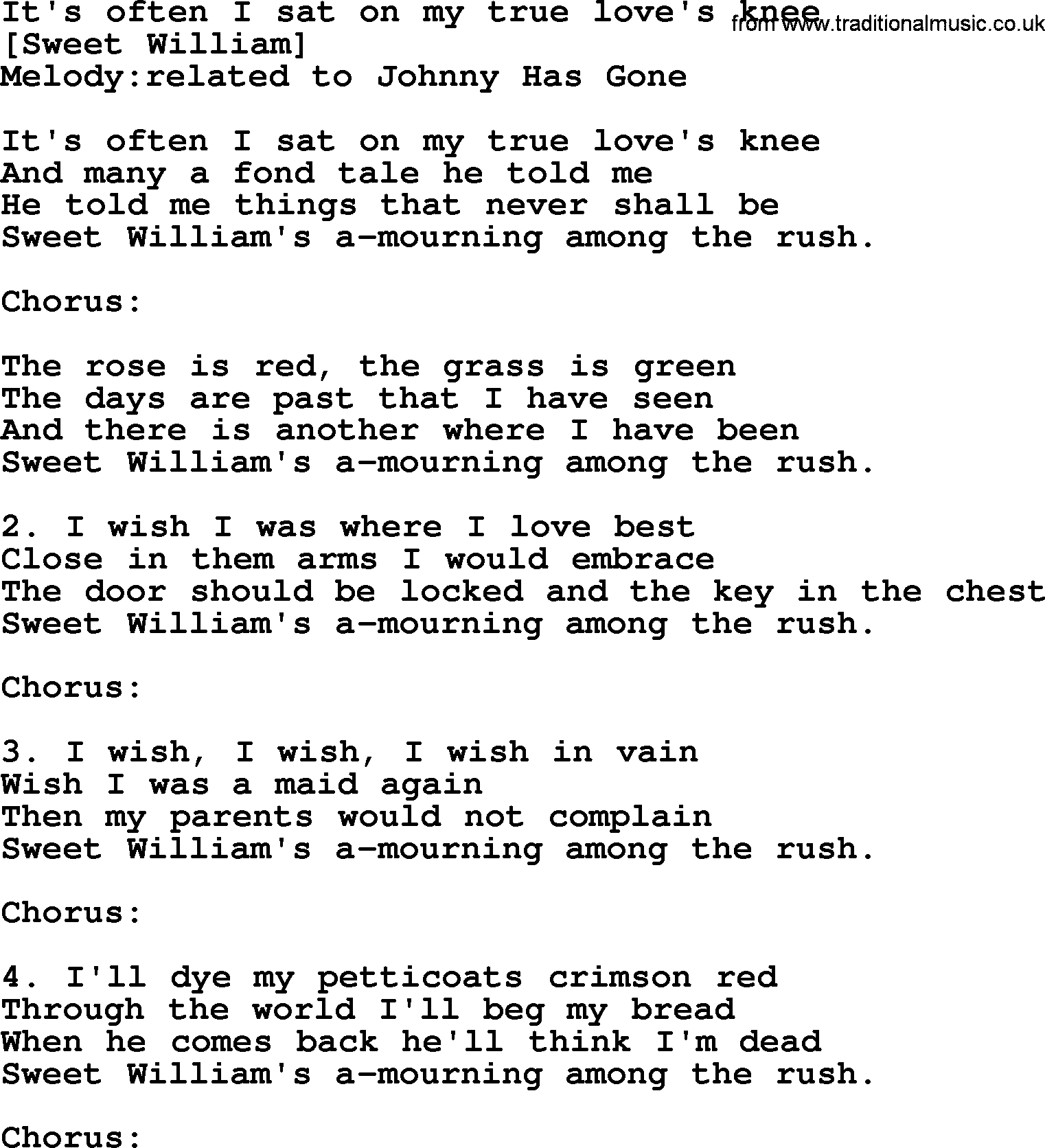 Old English Song: It's Often I Sat On My True Love's Knee lyrics