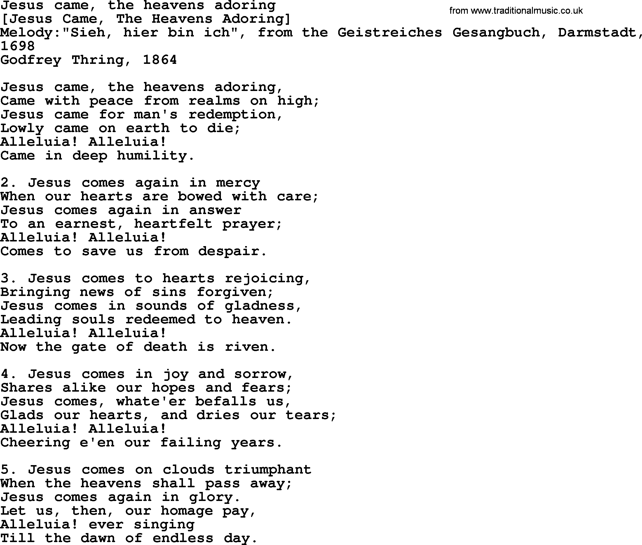 Old English Song: Jesus Came, The Heavens Adoring lyrics