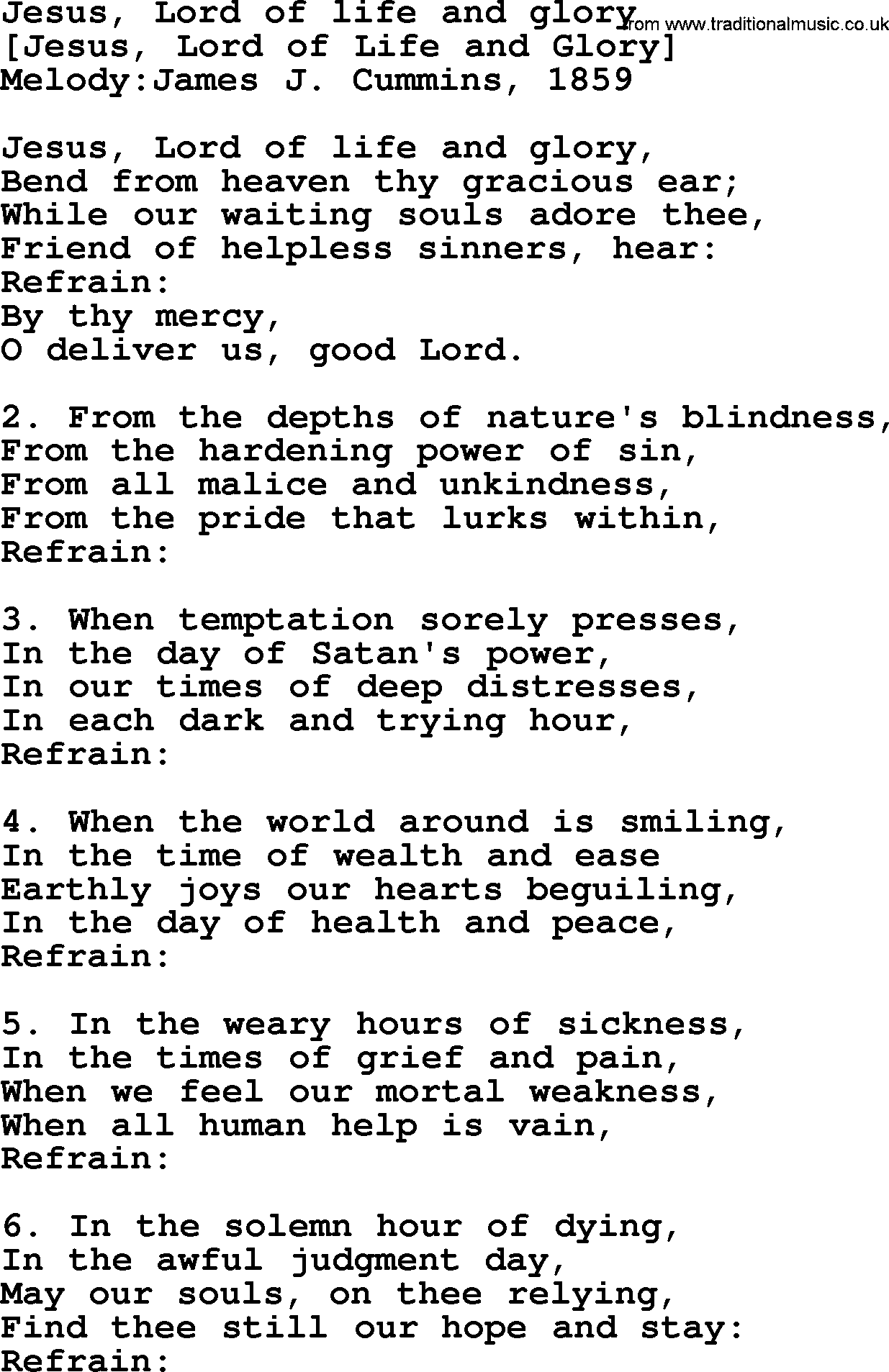 Old English Song: Jesus, Lord Of Life And Glory lyrics
