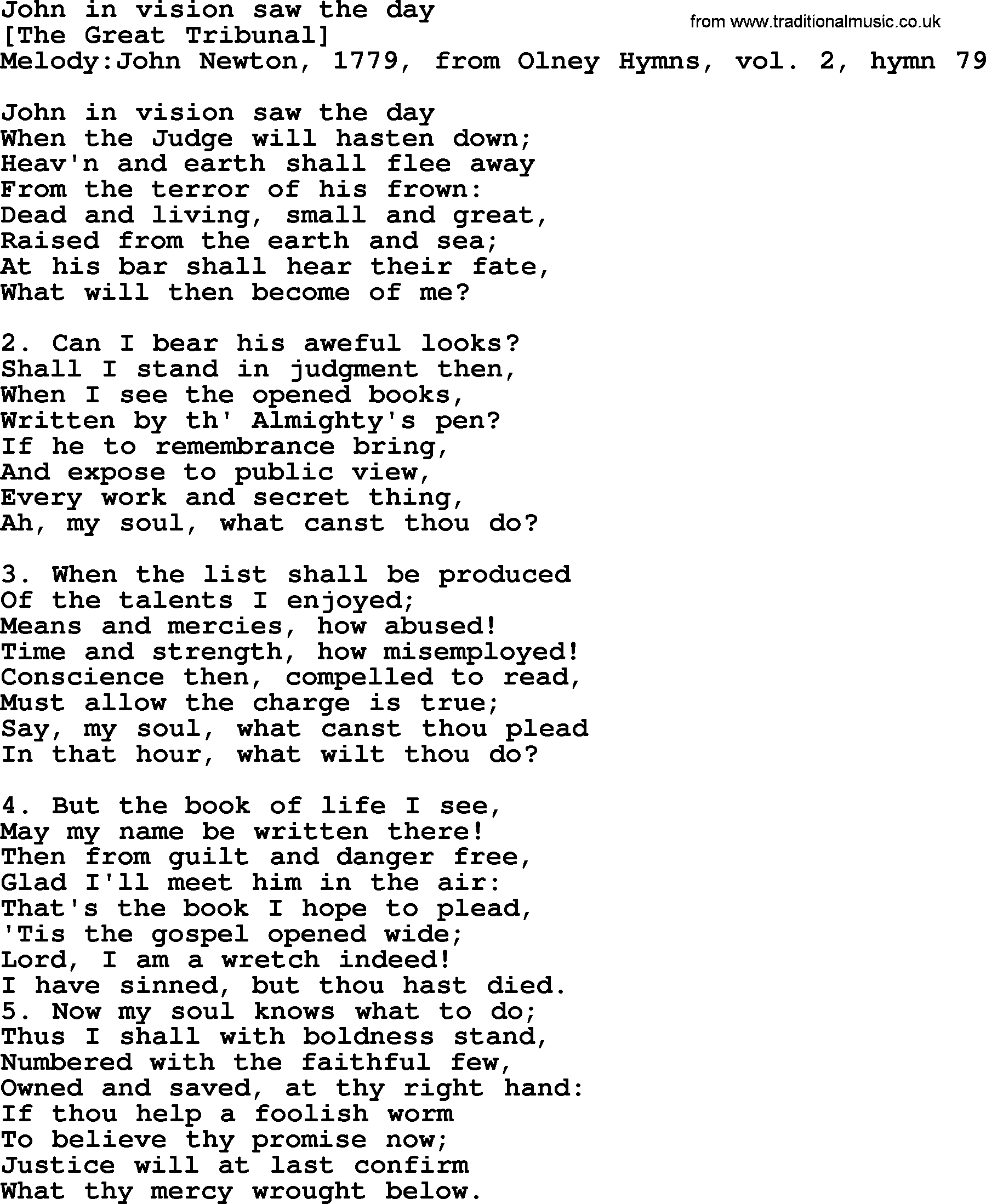 Old English Song: John In Vision Saw The Day lyrics