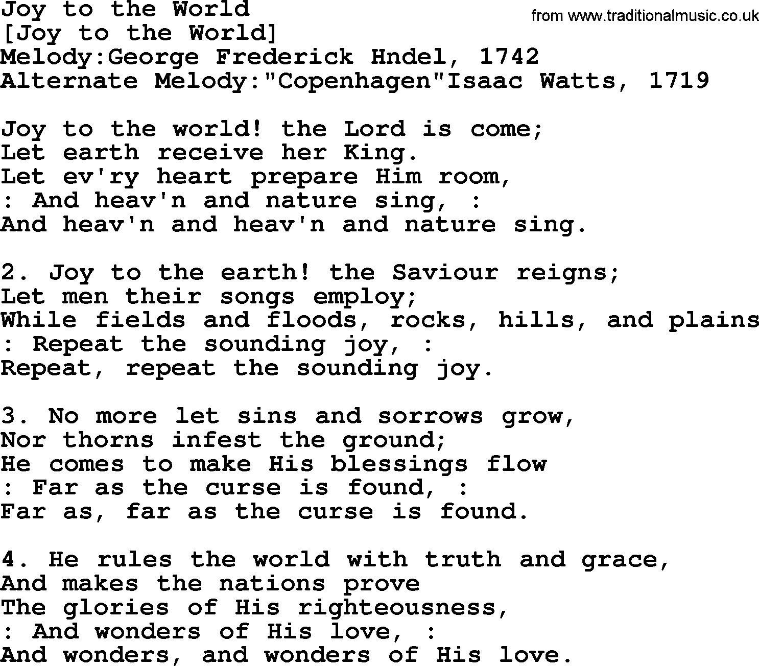 Old English Song Lyrics for Joy To The World, with PDF