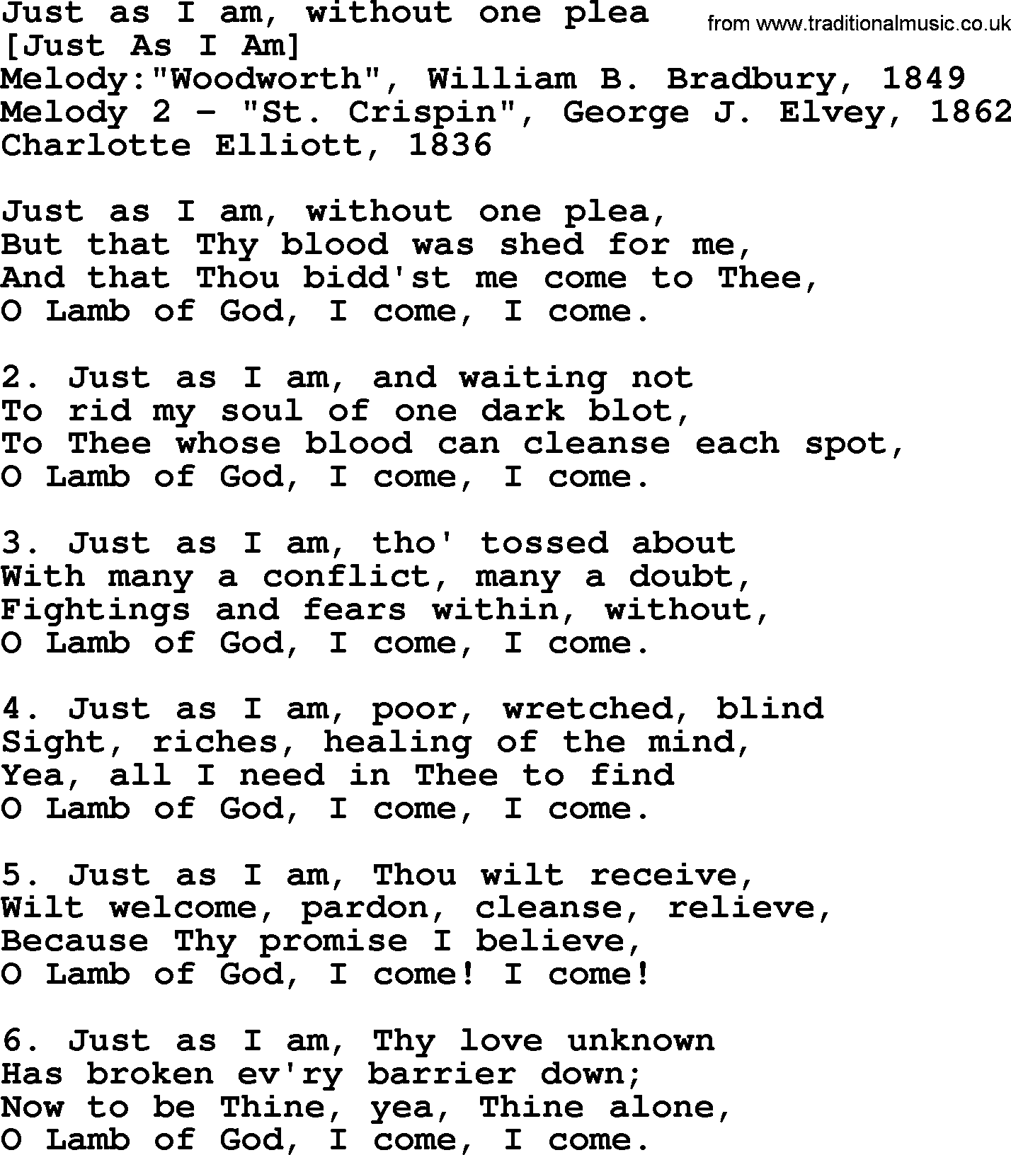 Old English Song: Just As I Am, Without One Plea lyrics