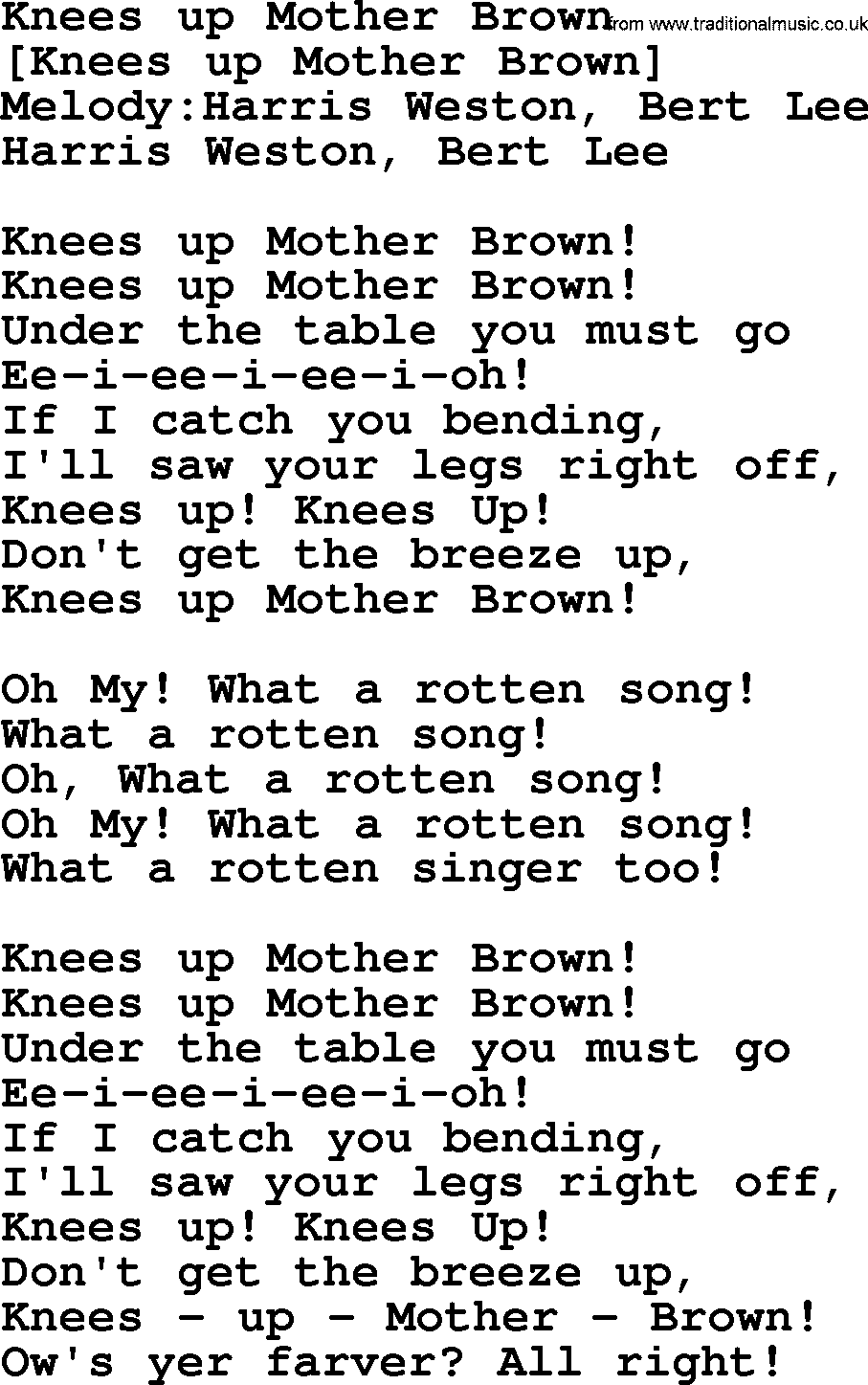 Old English Song: Knees Up Mother Brown lyrics