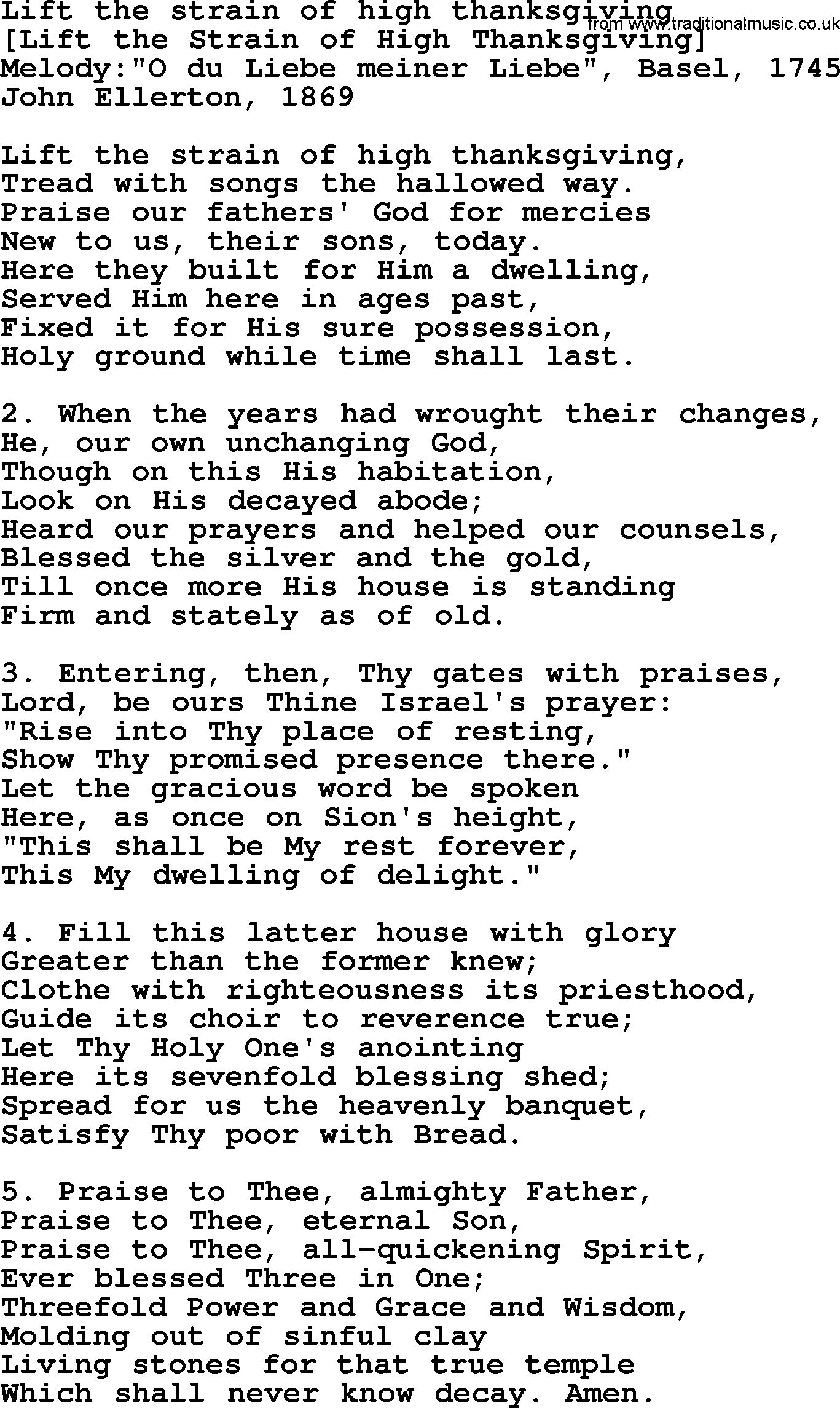 Old English Song: Lift The Strain Of High Thanksgiving lyrics
