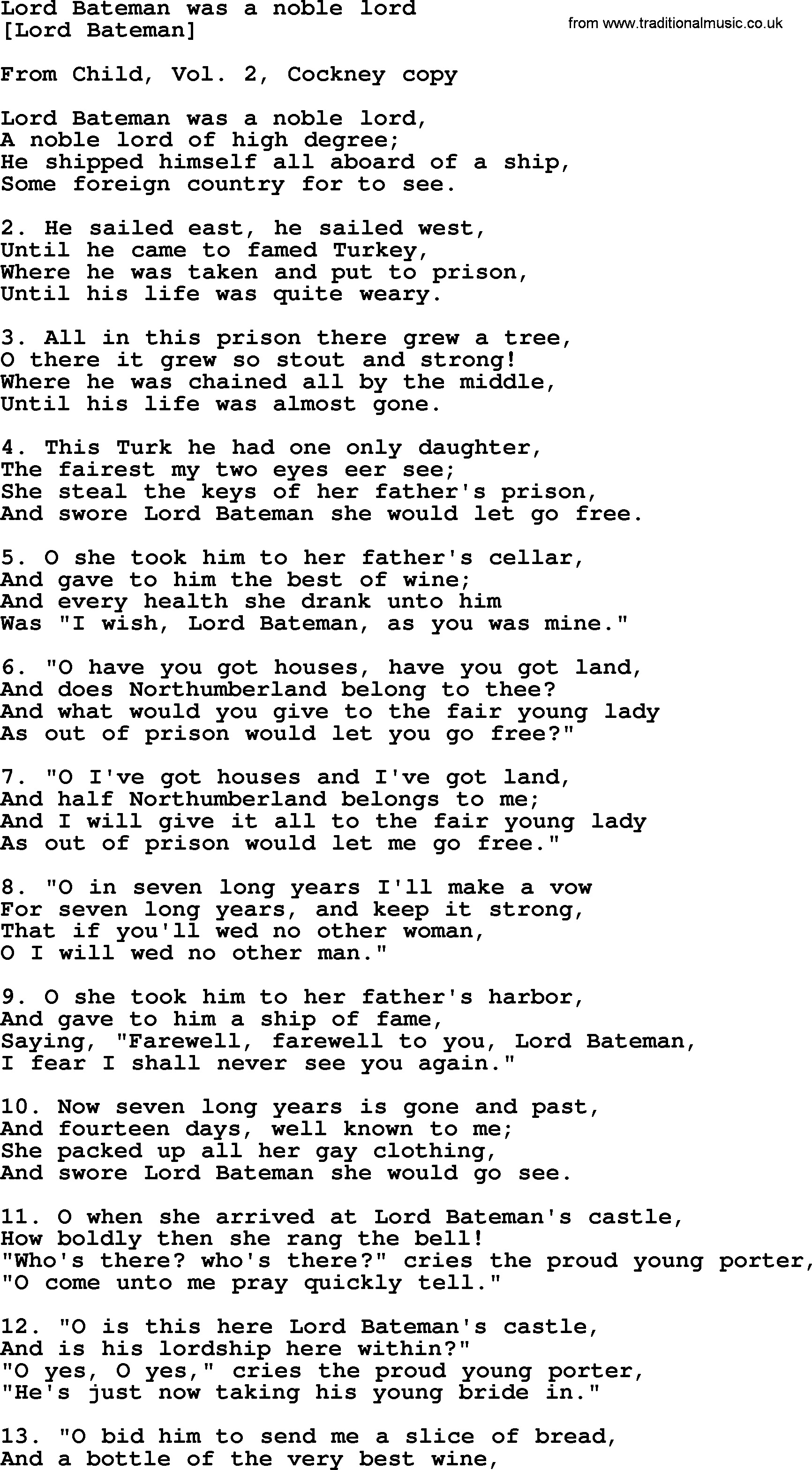 Old English Song: Lord Bateman Was A Noble Lord lyrics