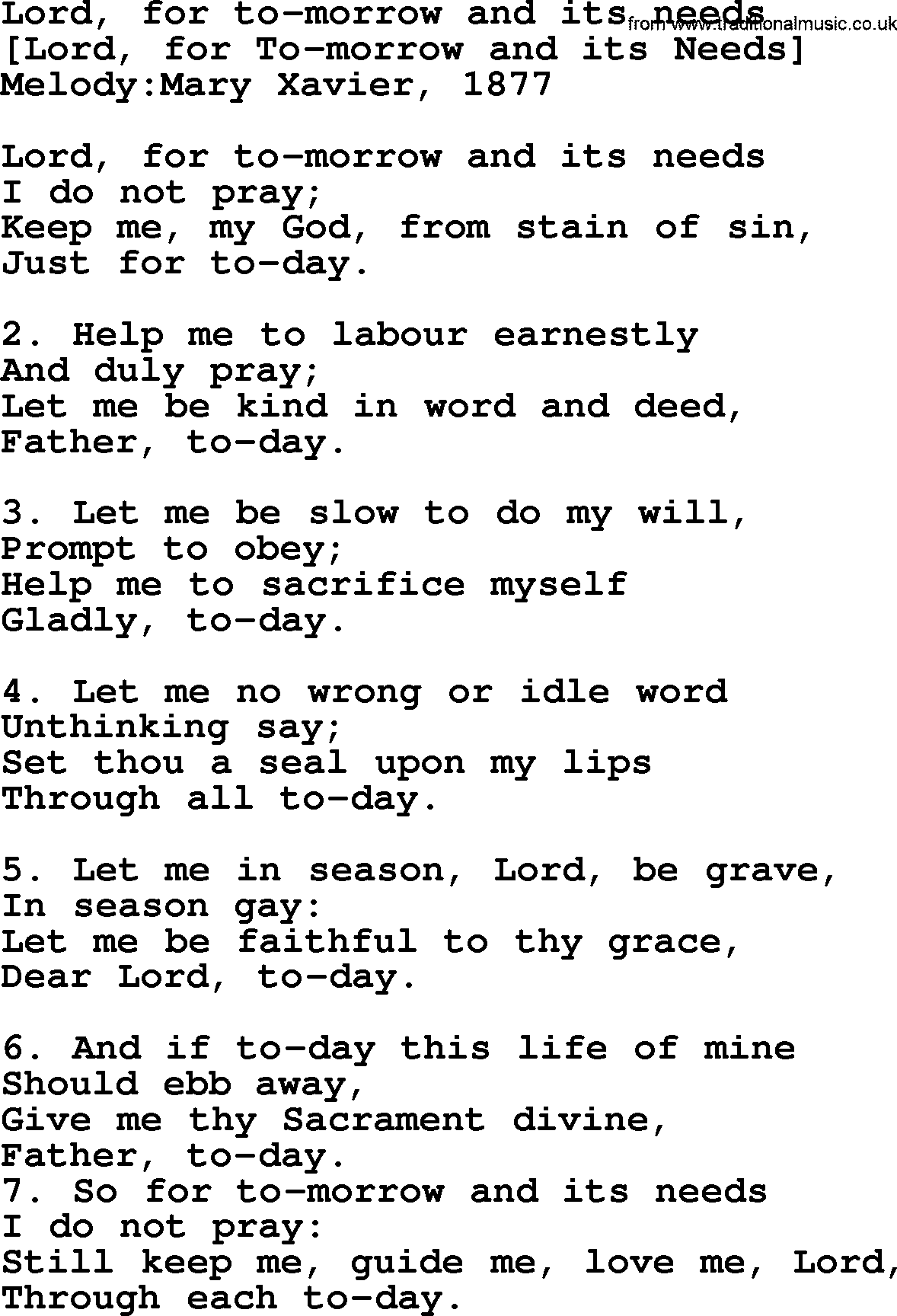 Old English Song: Lord, For To-Morrow And Its Needs lyrics