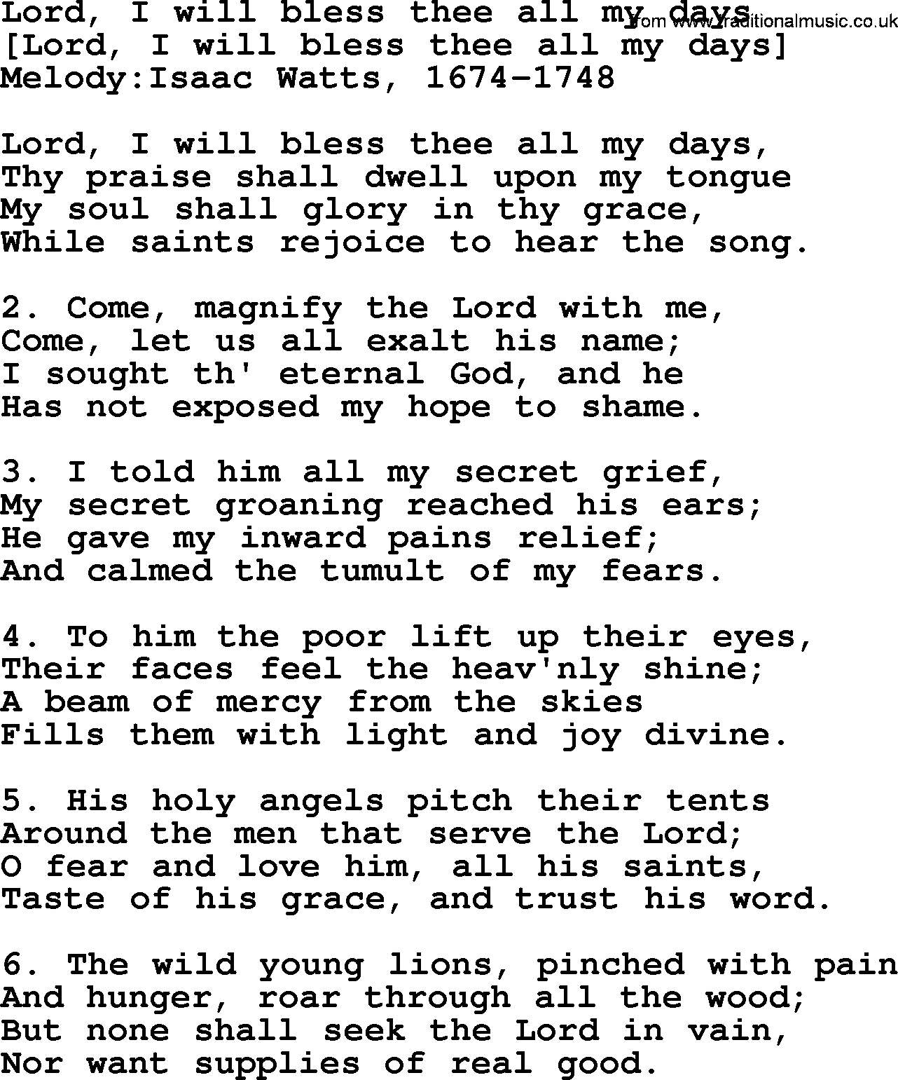 Old English Song: Lord, I Will Bless Thee All My Days lyrics
