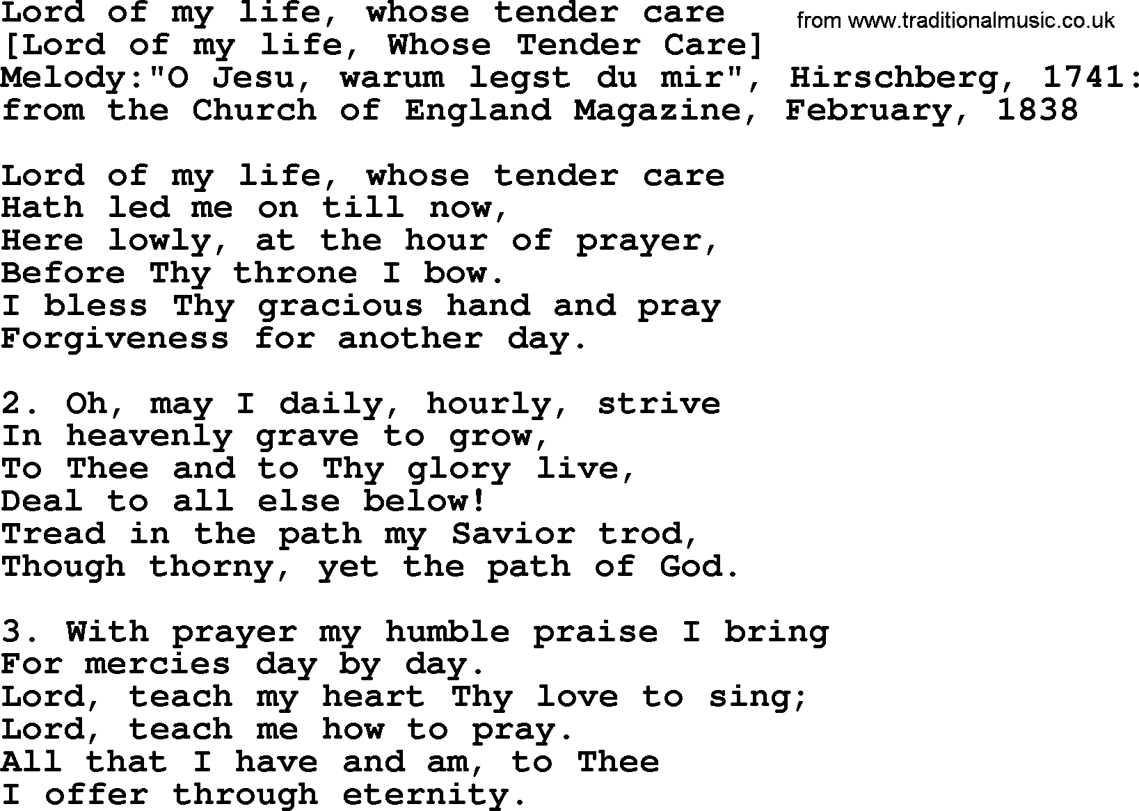 Old English Song: Lord Of My Life, Whose Tender Care lyrics