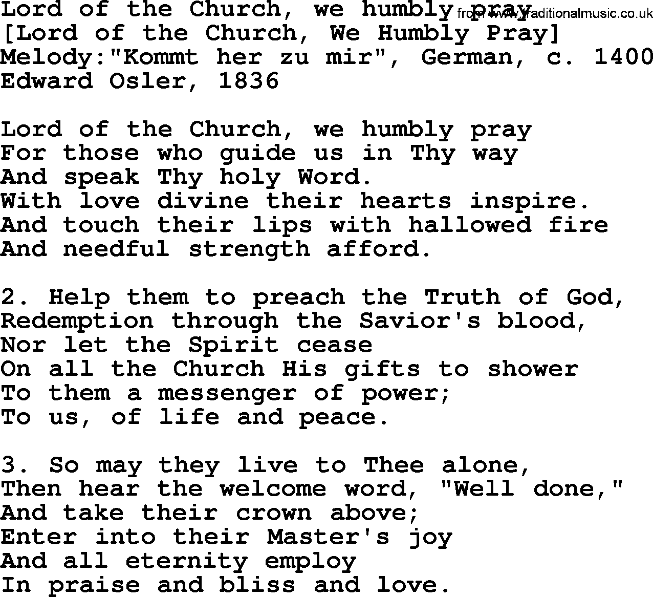 Old English Song: Lord Of The Church, We Humbly Pray lyrics