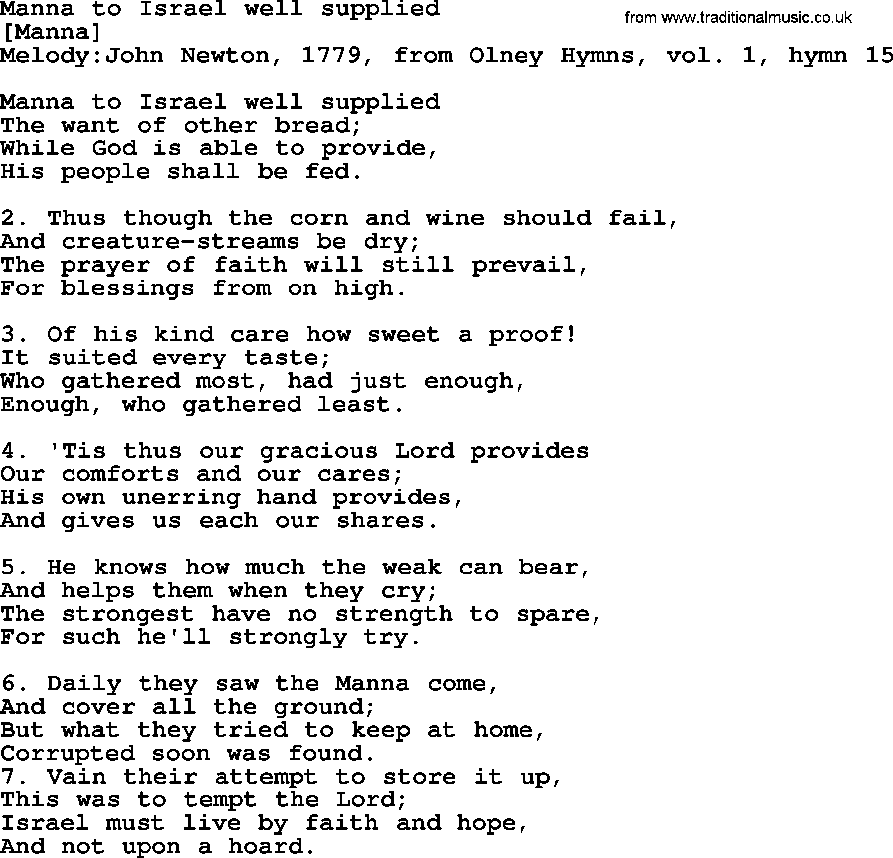 Old English Song: Manna To Israel Well Supplied lyrics