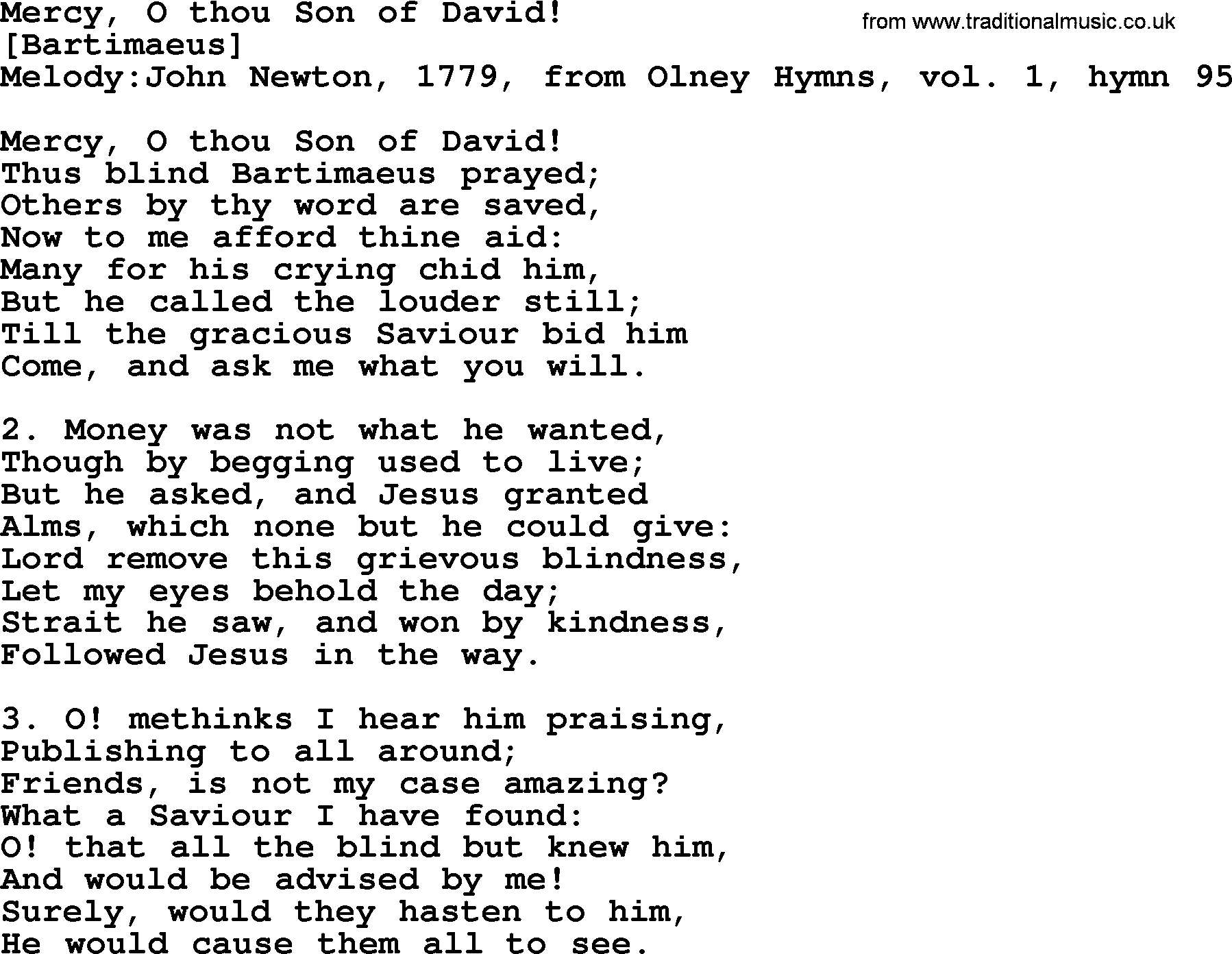 Old English Song: Mercy, O Thou Son Of David! lyrics