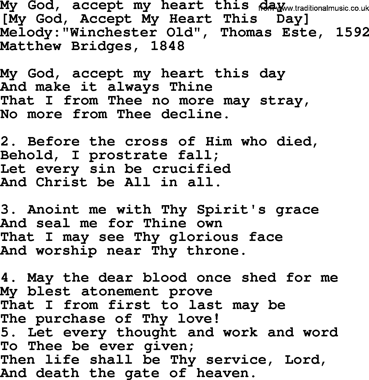 Old English Song: My God, Accept My Heart This Day lyrics