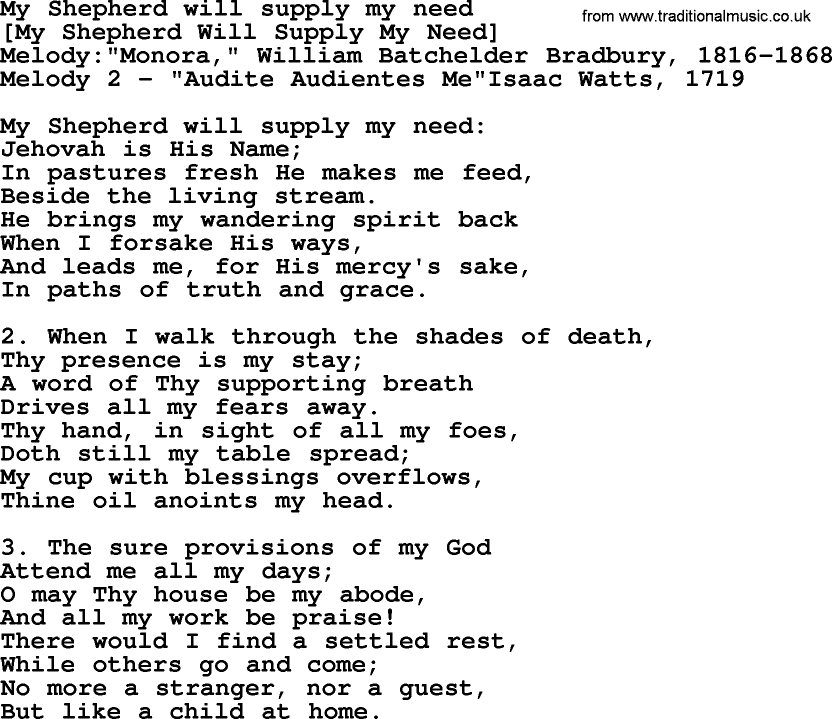 Old English Song: My Shepherd Will Supply My Need lyrics