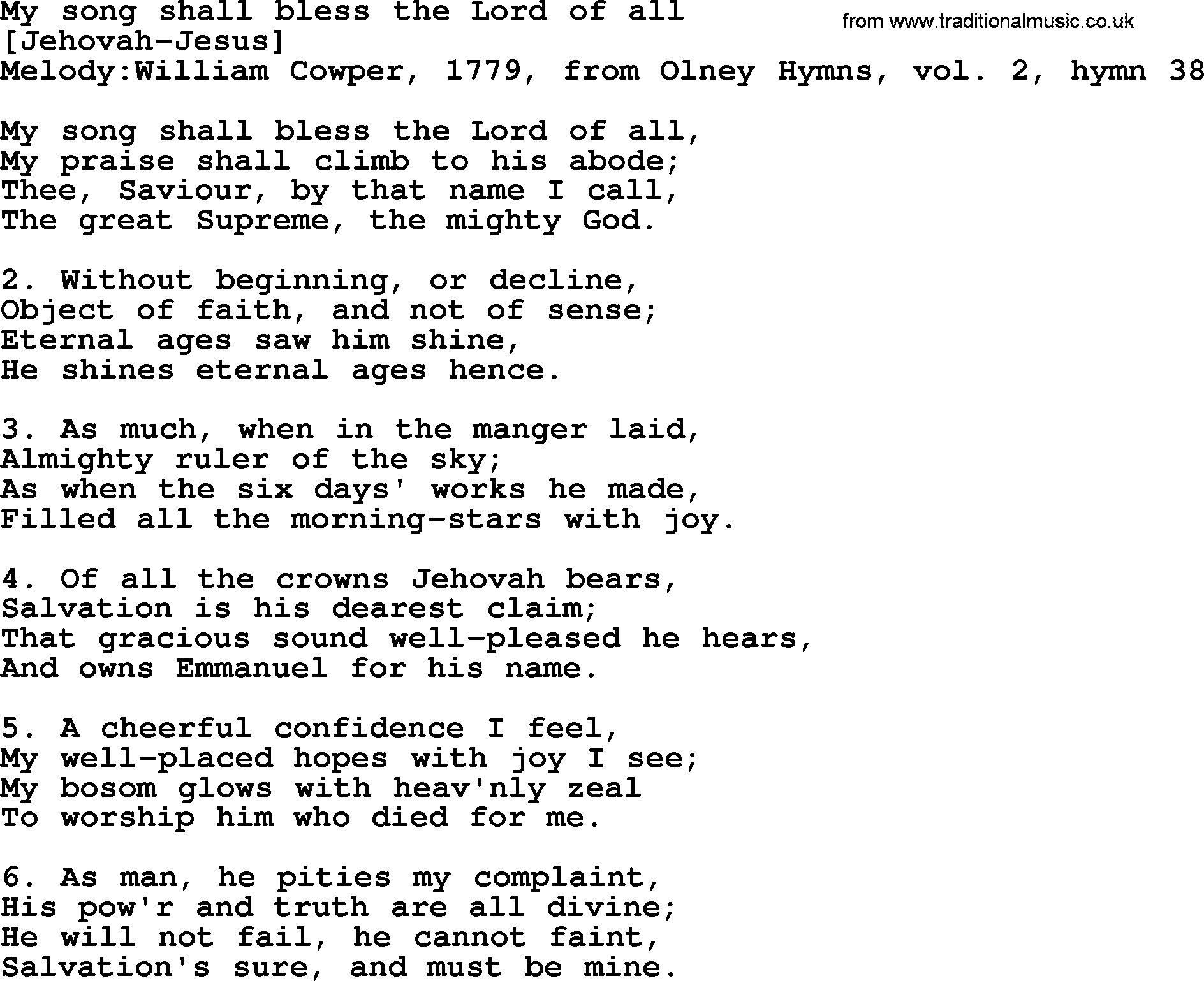 Old English Song: My Song Shall Bless The Lord Of All lyrics
