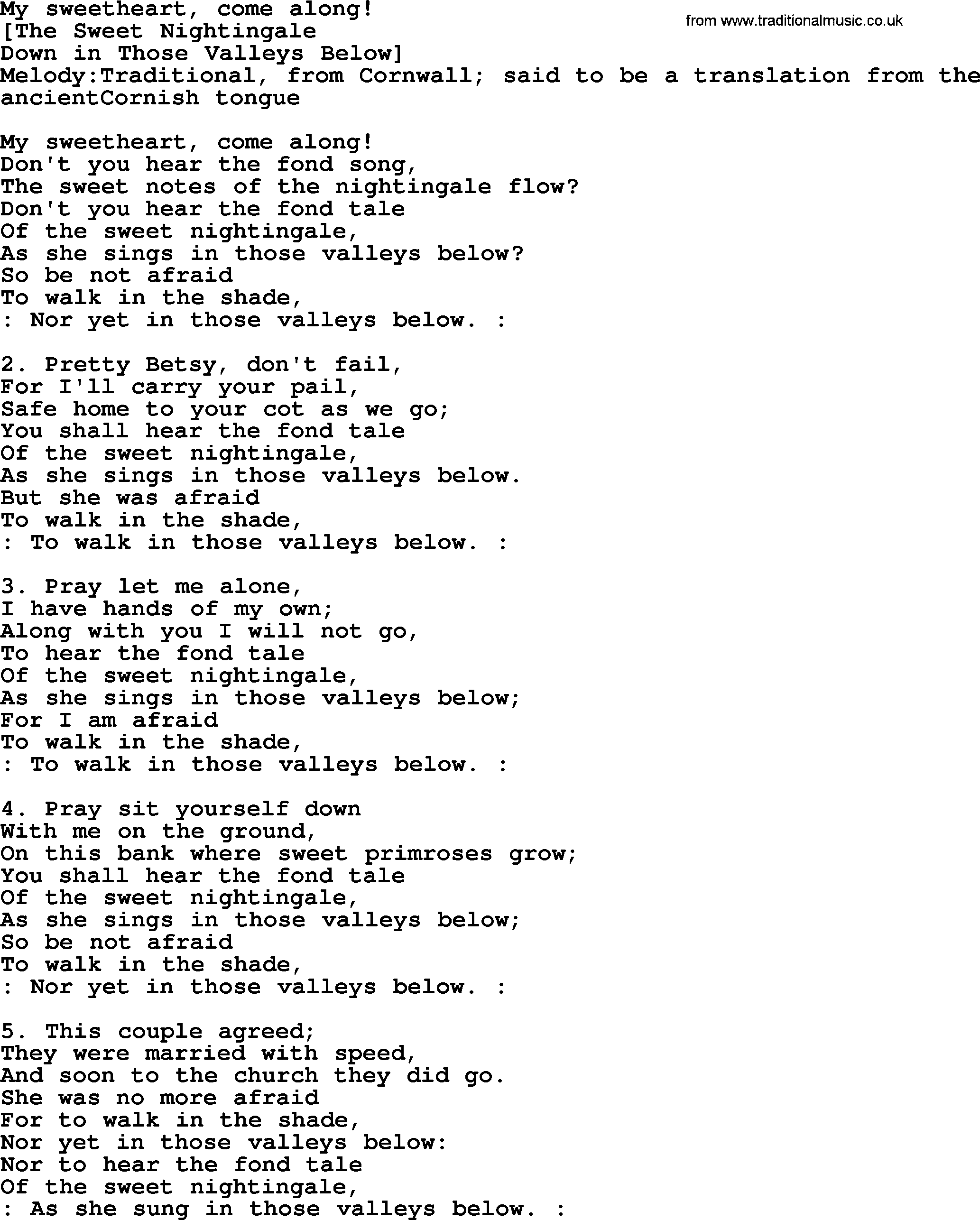 Old English Song: My Sweetheart, Come Along! lyrics