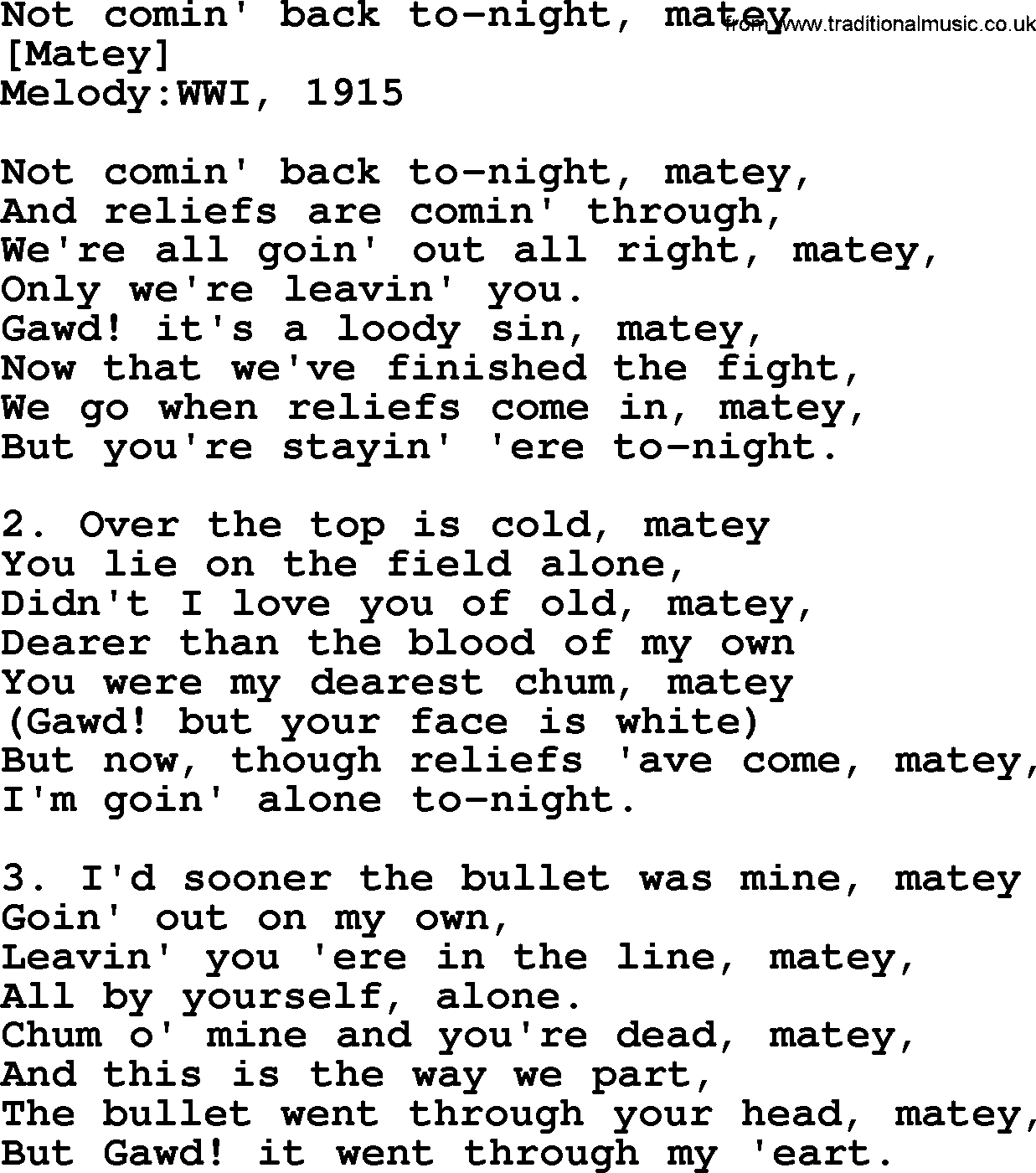 Old English Song: Not Comin' Back To-Night, Matey lyrics