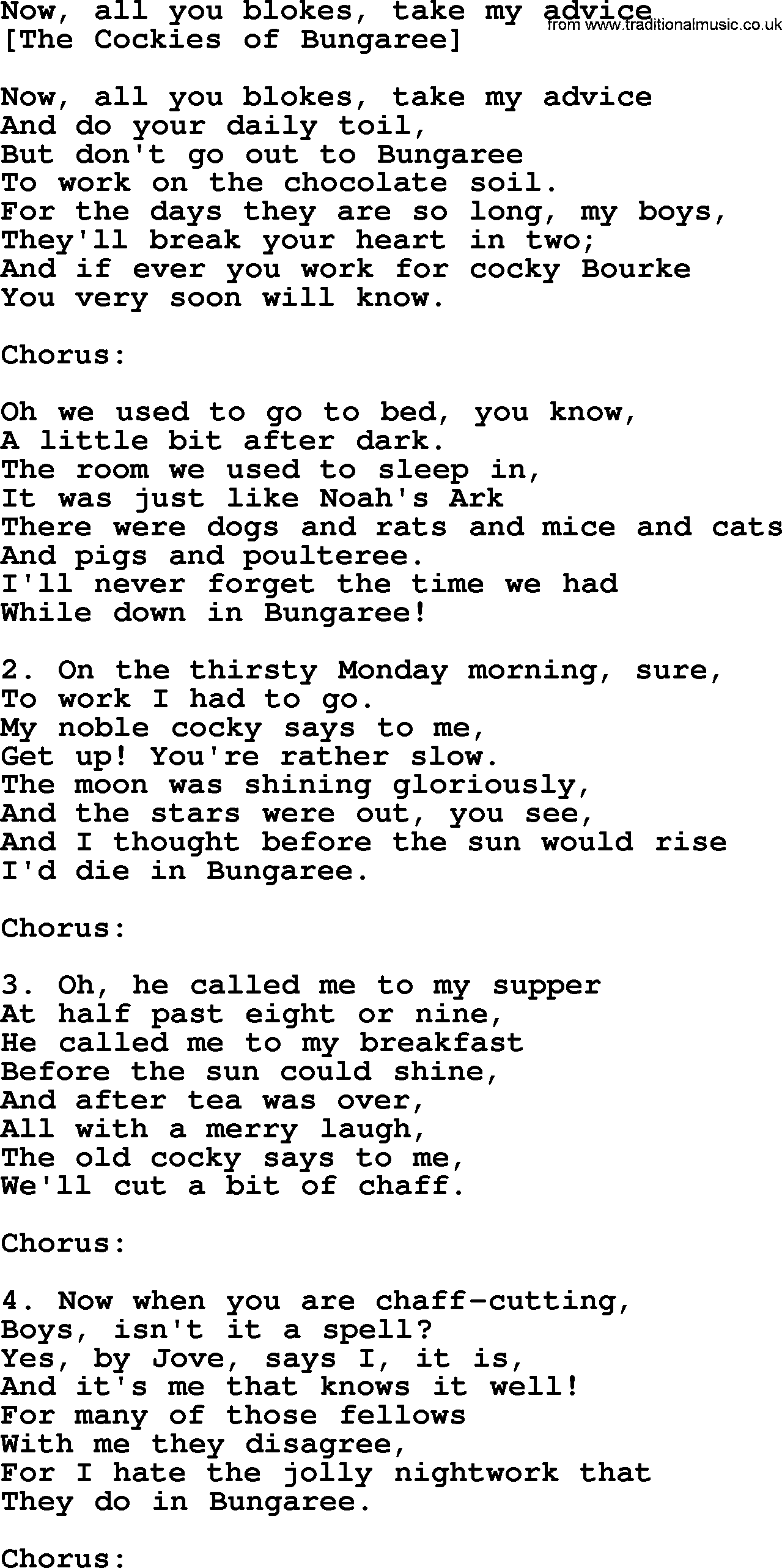 Old English Song: Now, All You Blokes, Take My Advice lyrics