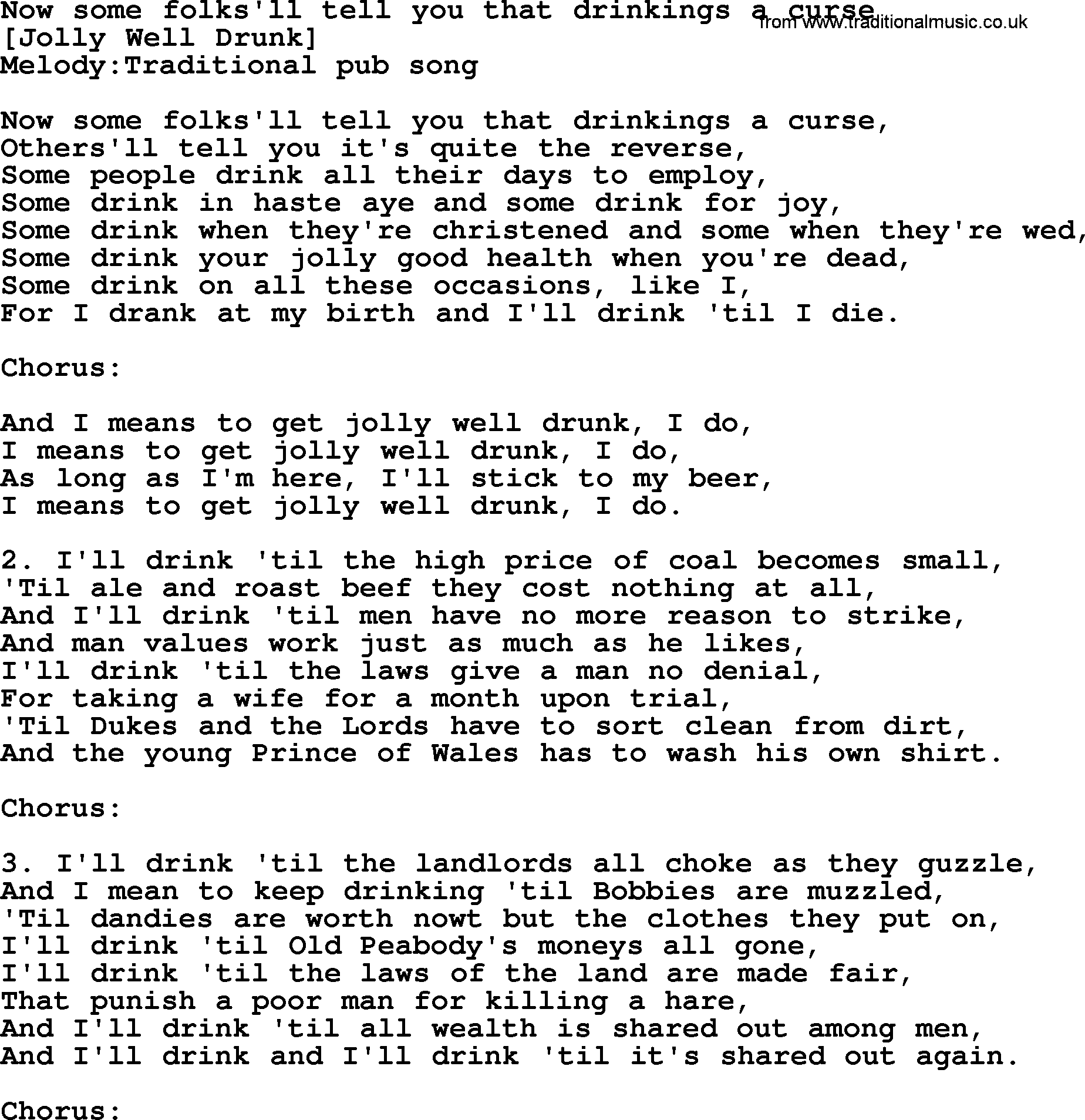 Old English Song: Now Some Folks'll Tell You That Drinkings A Curse lyrics
