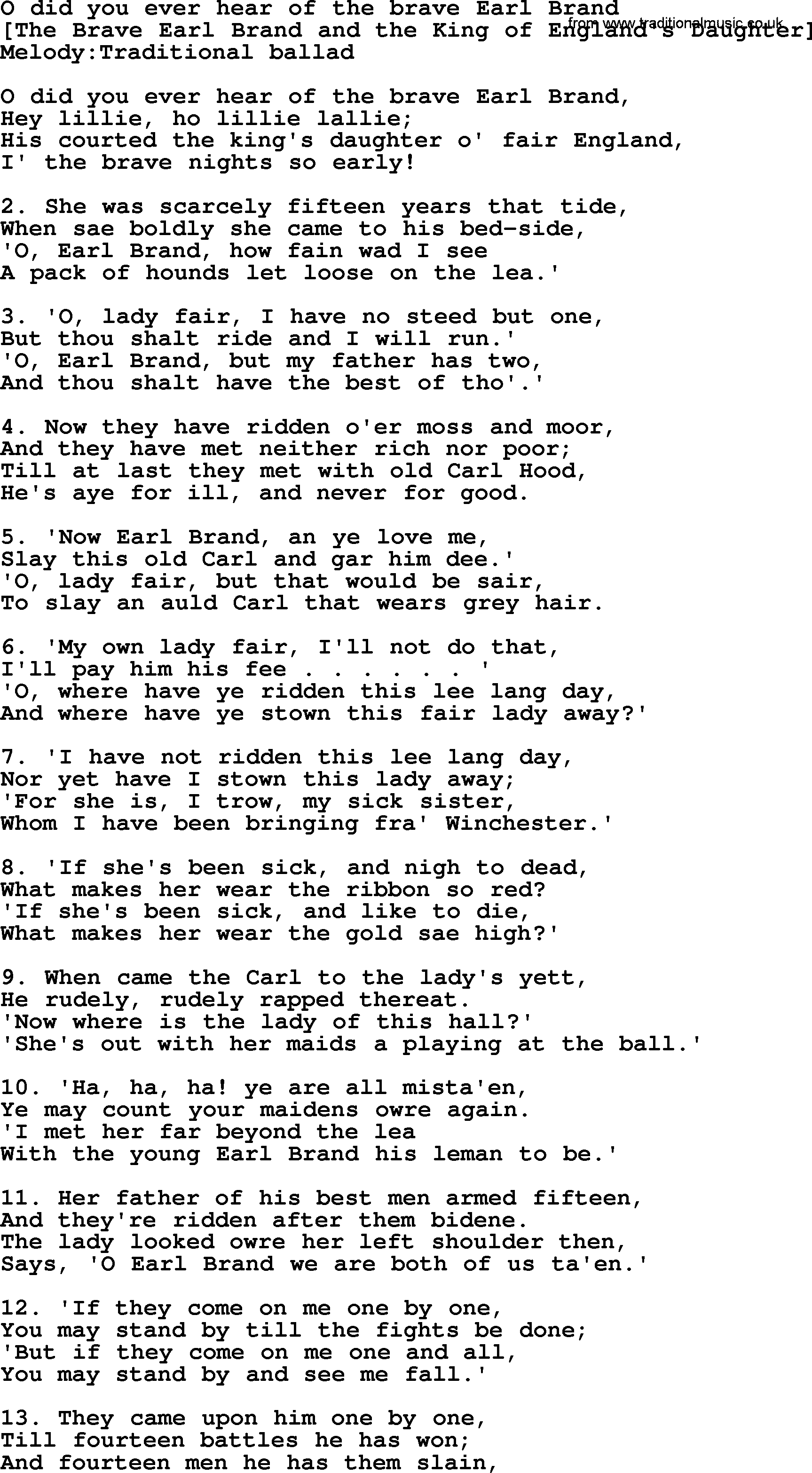 Old English Song: O Did You Ever Hear Of The Brave Earl Brand lyrics