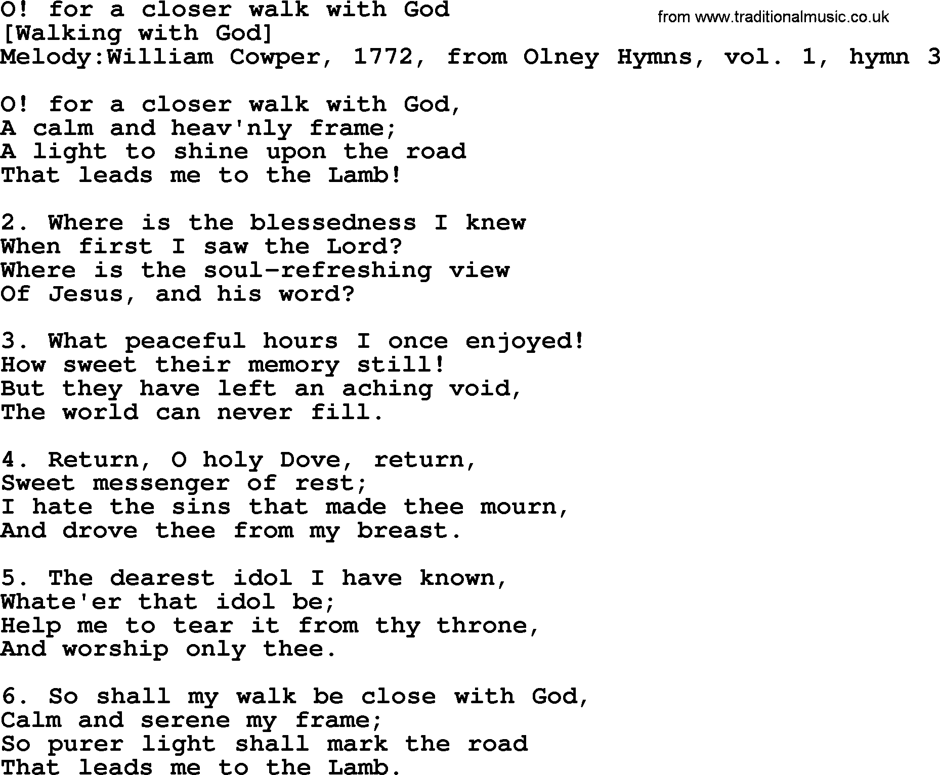 Old English Song: O! For A Closer Walk With God lyrics