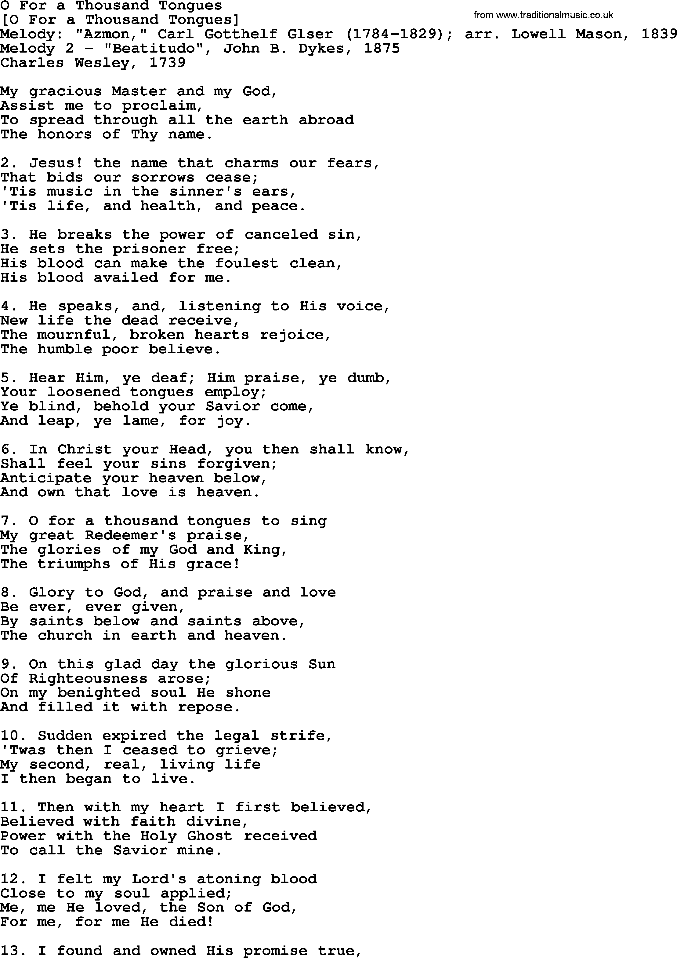 Old English Song: O For A Thousand Tongues lyrics