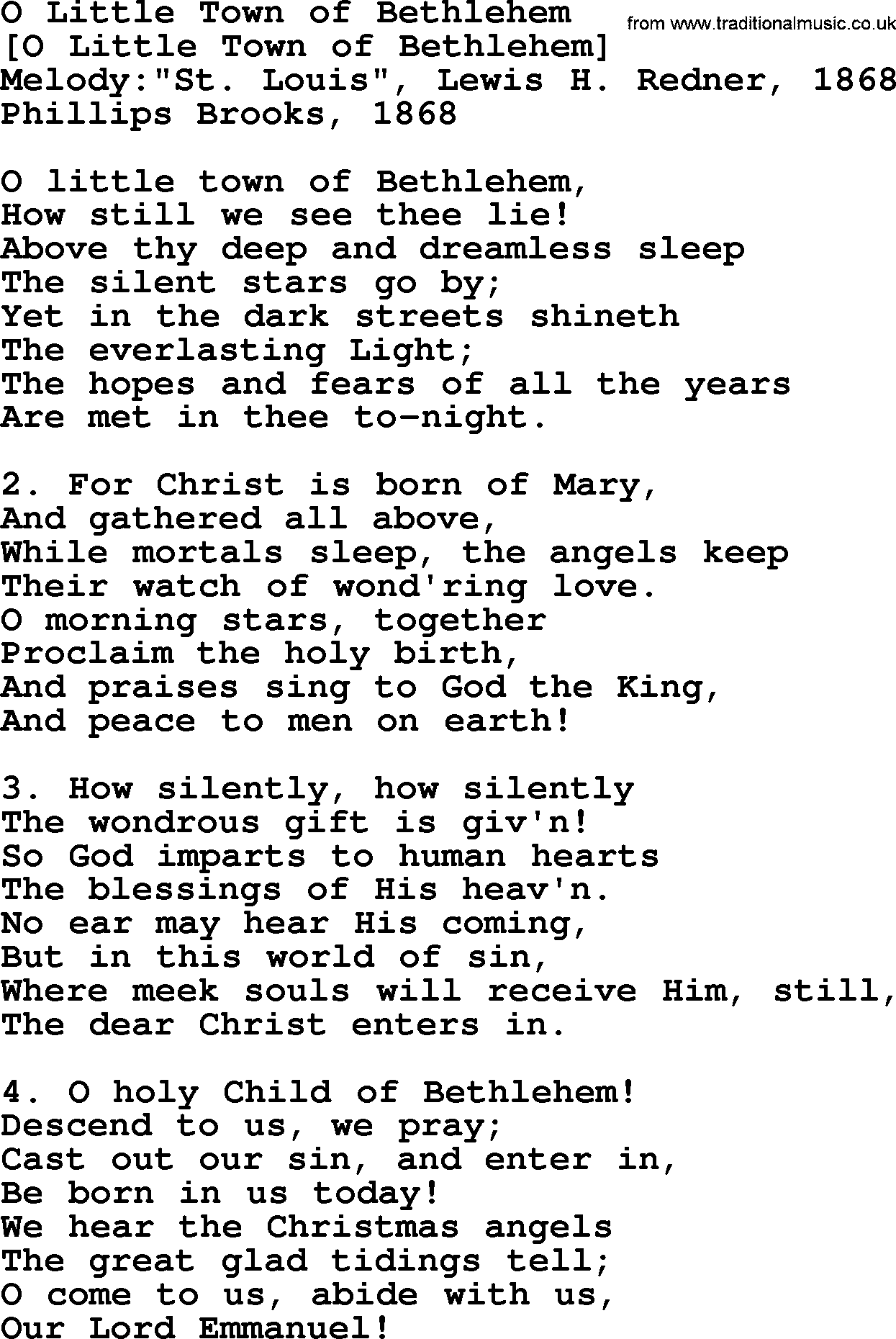 Old English Song Lyrics for O Little Town Of Bethlehem, with PDF
