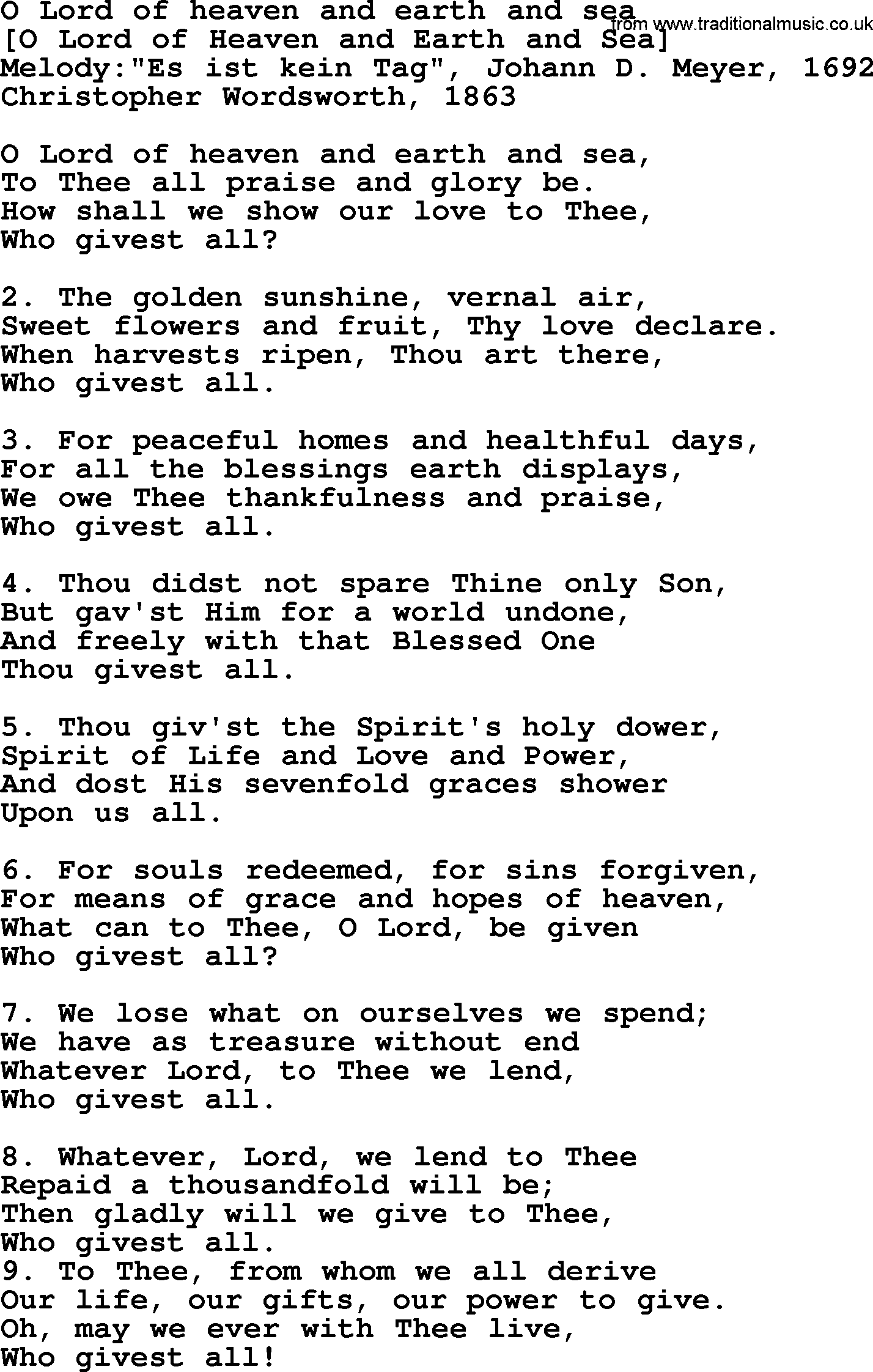 Old English Song: O Lord Of Heaven And Earth And Sea lyrics
