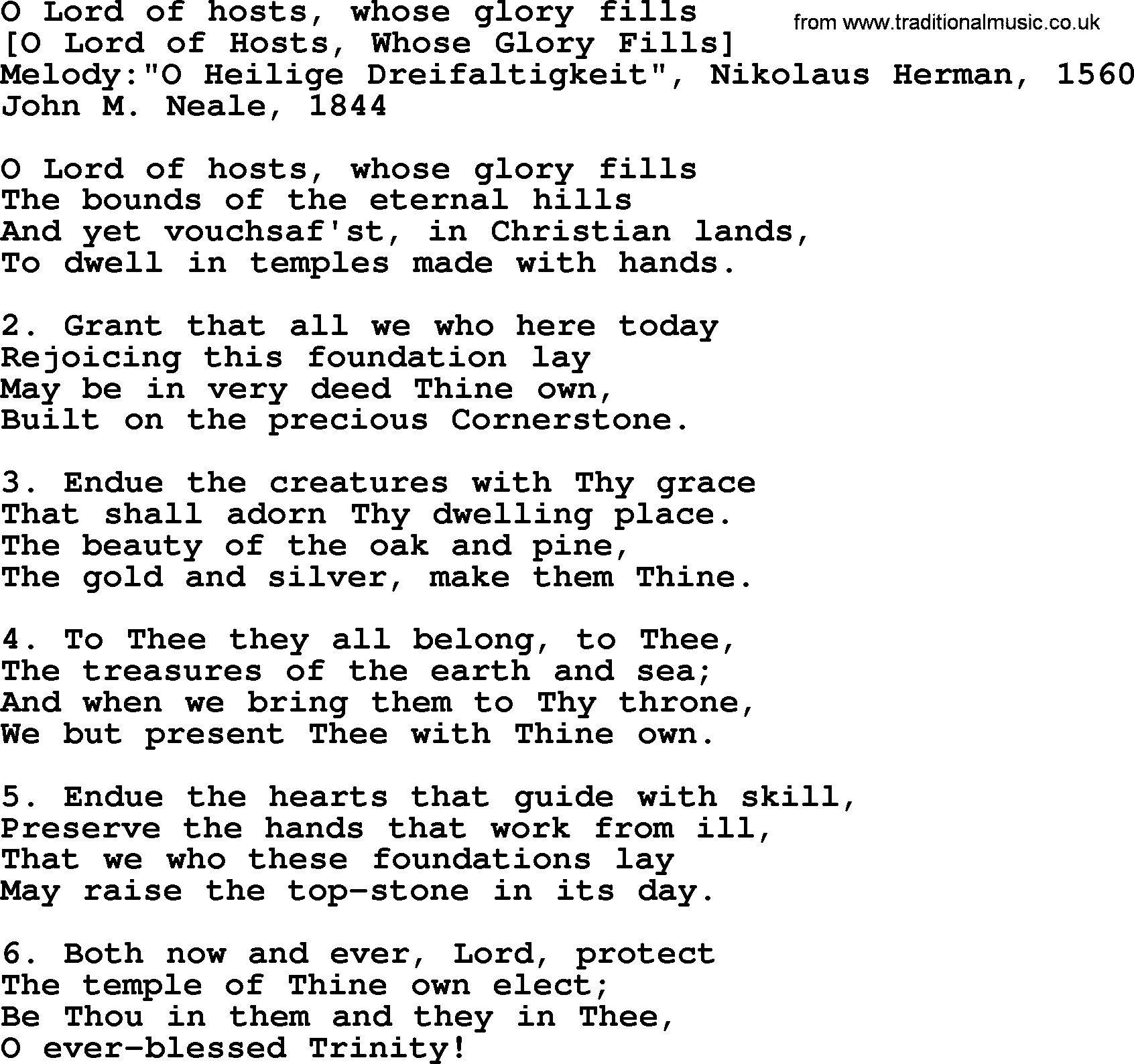 Old English Song: O Lord Of Hosts, Whose Glory Fills lyrics