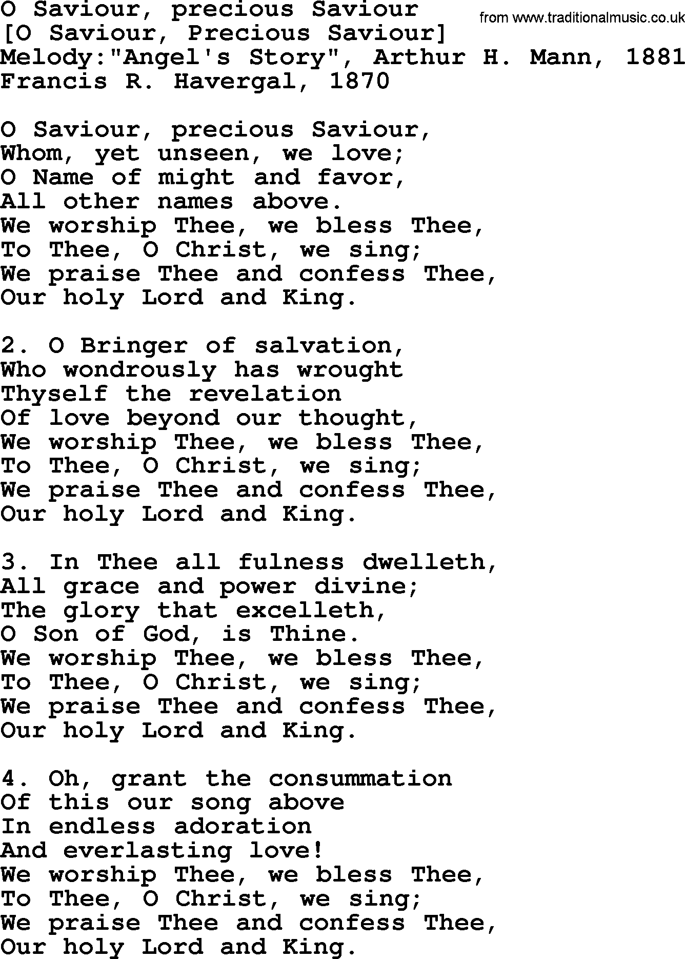 Old English Song: O Saviour, Precious Saviour lyrics
