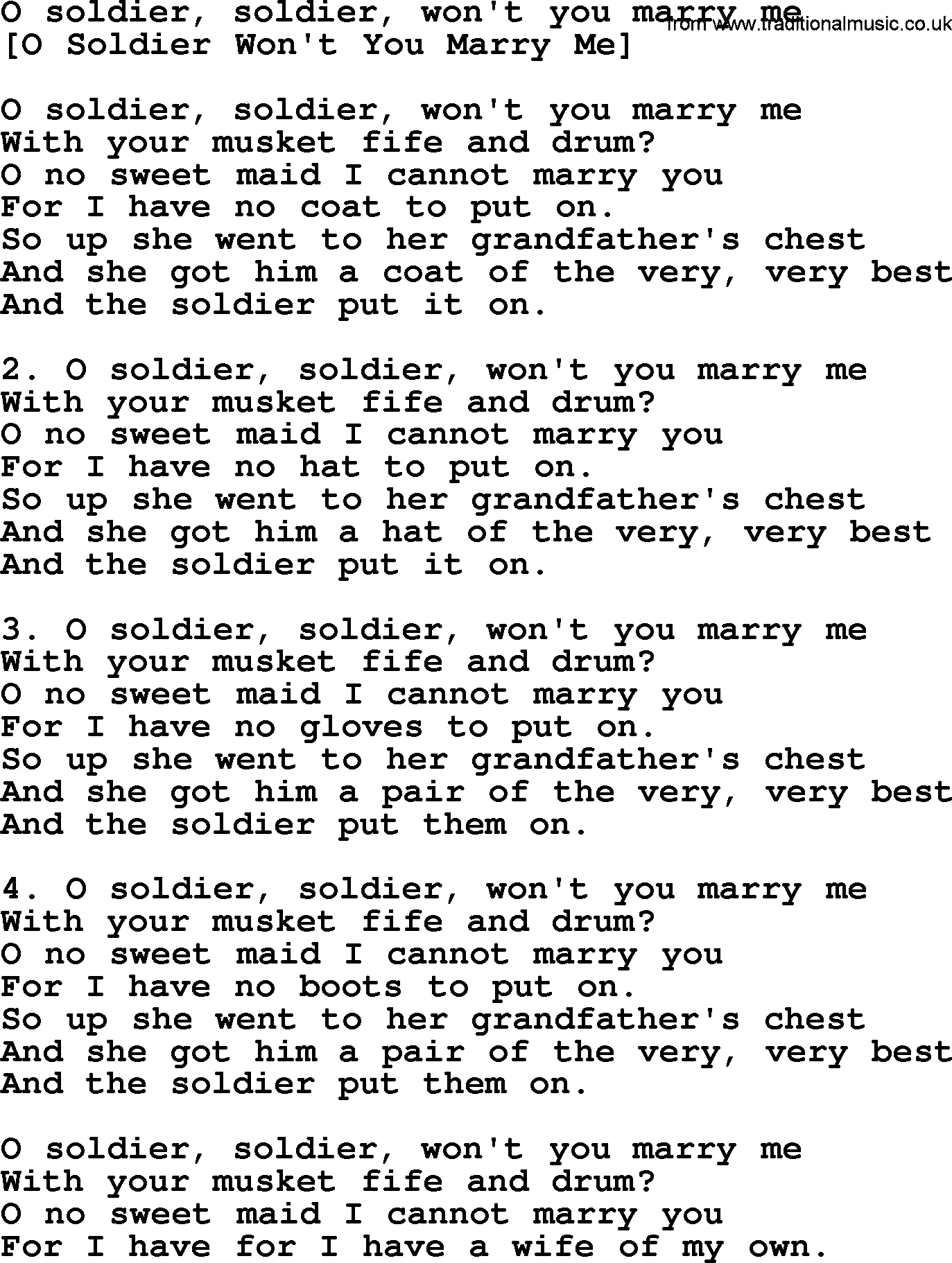 Old English Song: O Soldier, Soldier, Won't You Marry Me lyrics