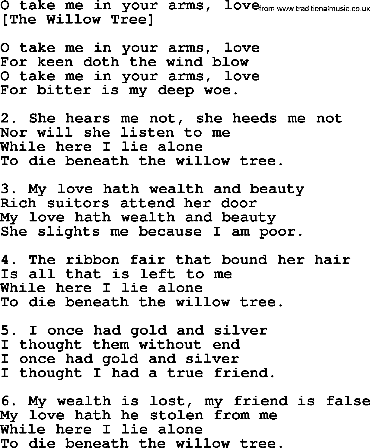 Old English Song: O Take Me In Your Arms, Love lyrics