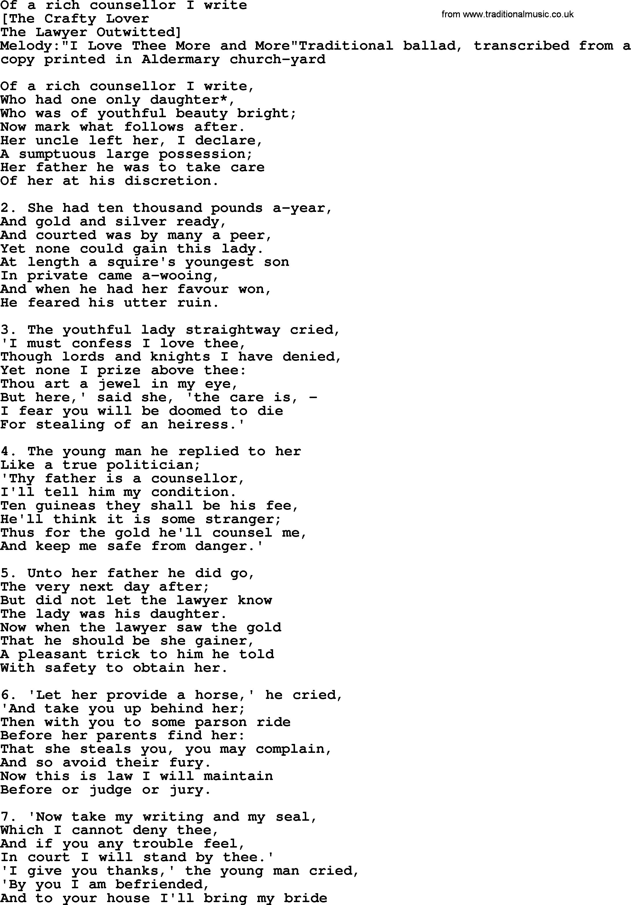 Old English Song: Of A Rich Counsellor I Write lyrics