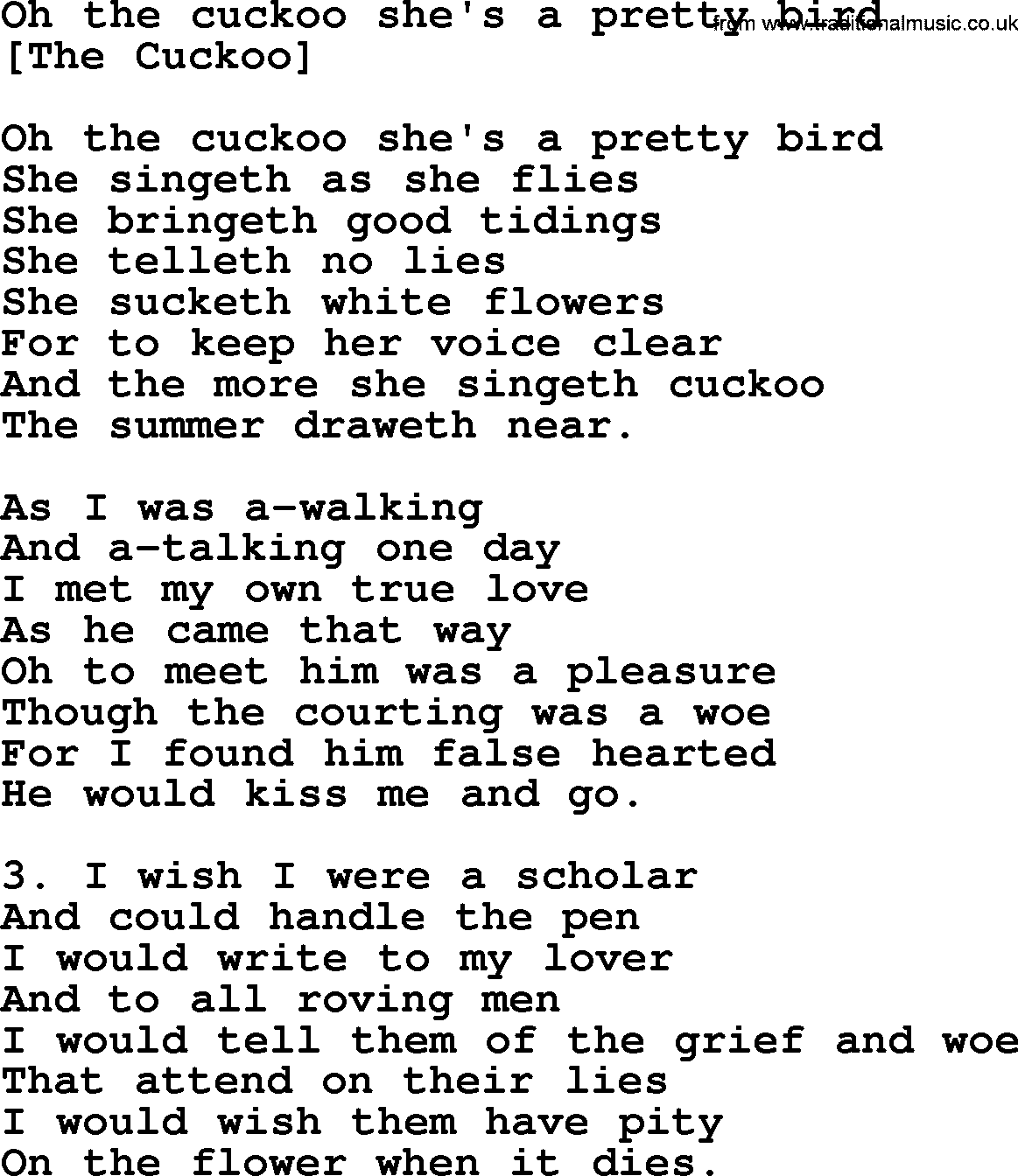 Old English Song: Oh The Cuckoo She's A Pretty Bird lyrics