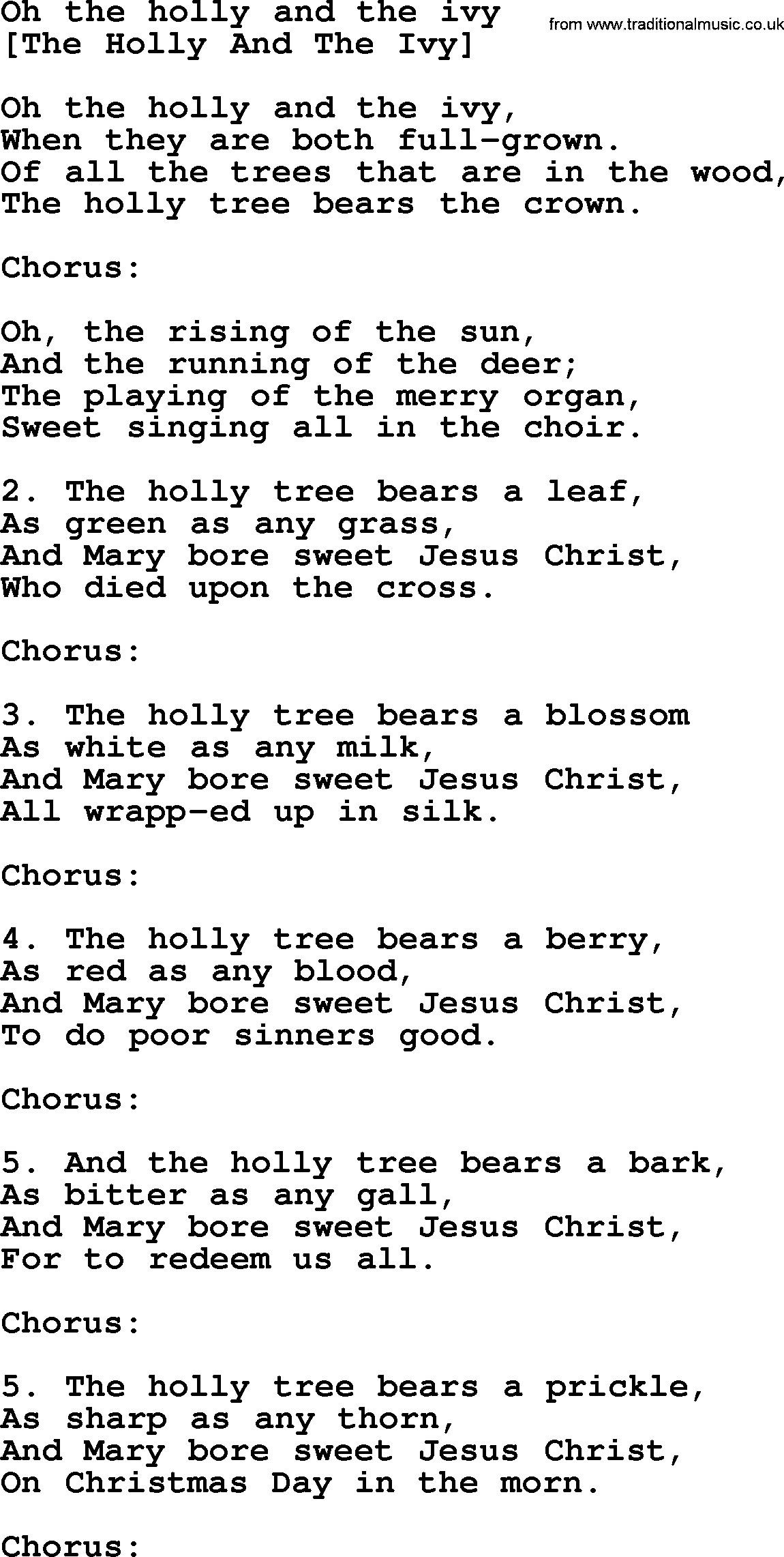 Old English Song: Oh The Holly And The Ivy lyrics