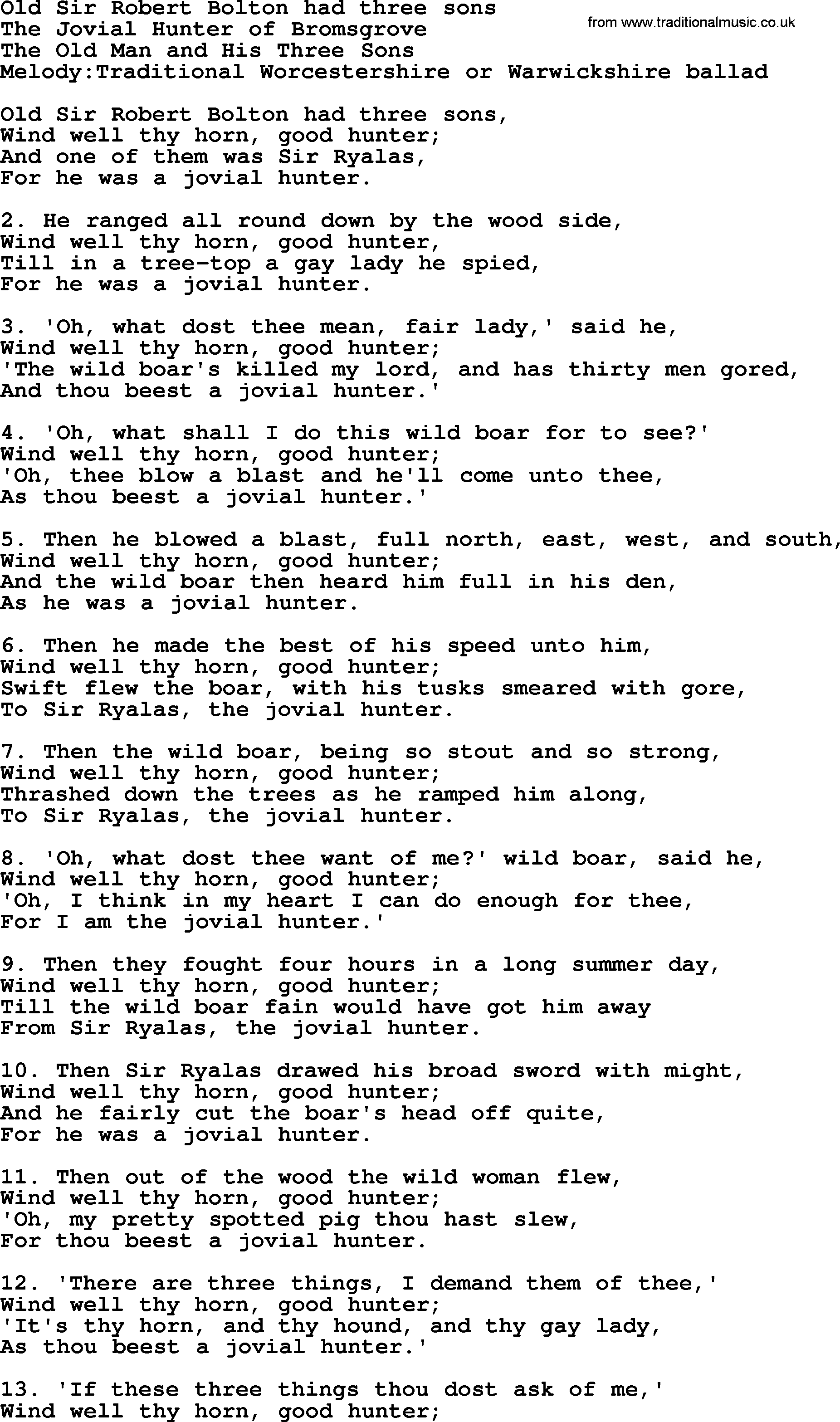 Old English Song: Old Sir Robert Bolton Had Three Sons lyrics