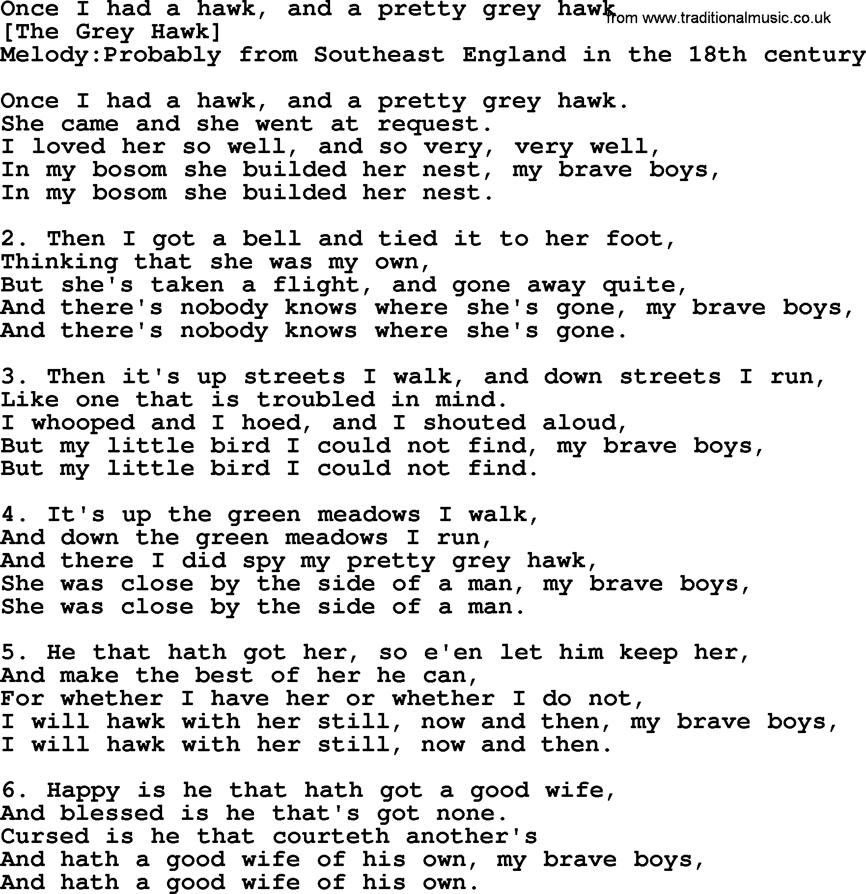 Old English Song: Once I Had A Hawk, And A Pretty Grey Hawk lyrics