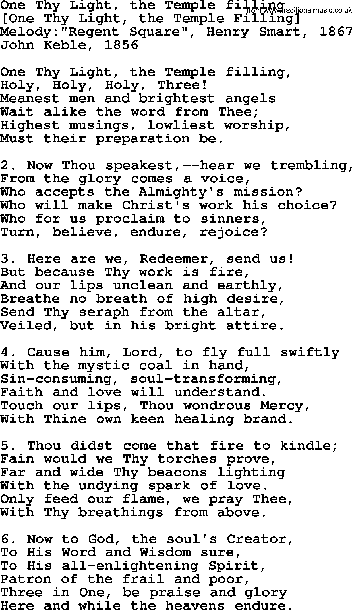 Old English Song: One Thy Light, The Temple Filling lyrics