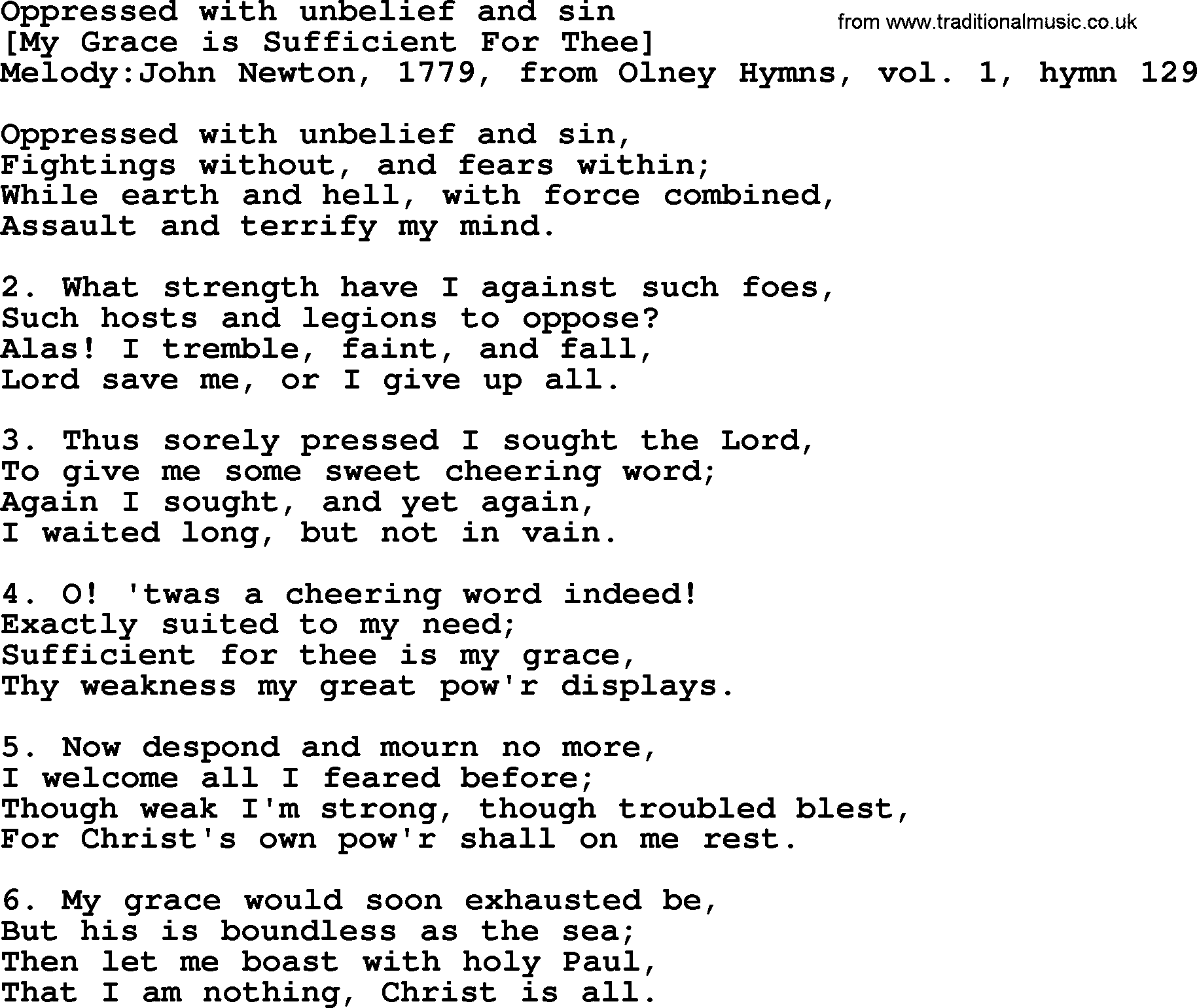 Old English Song: Oppressed With Unbelief And Sin lyrics