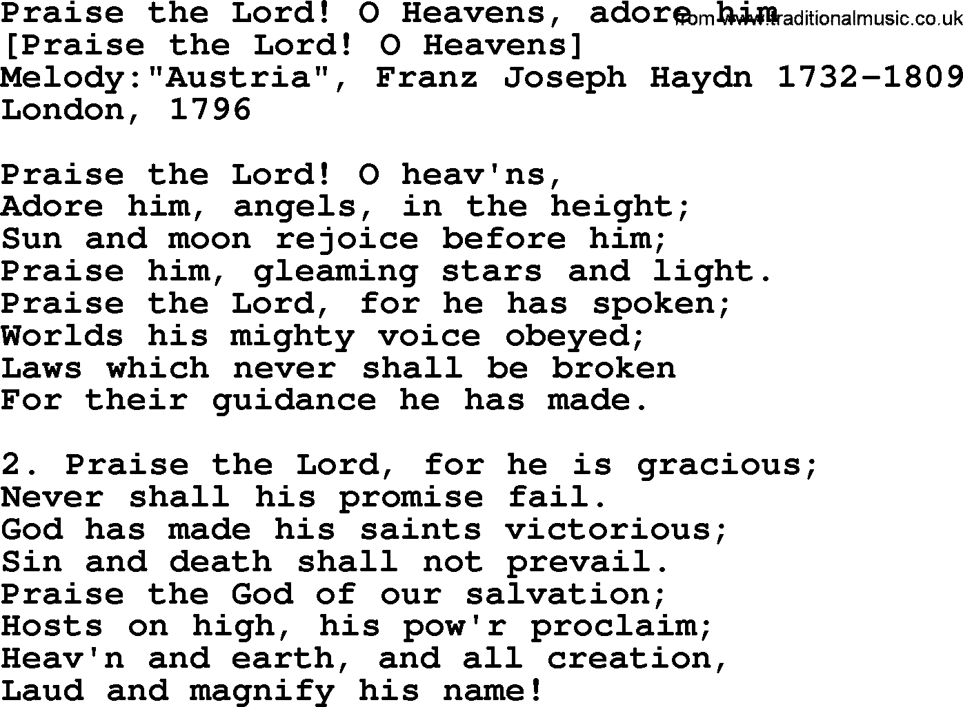 Old English Song: Praise The Lord! O Heavens, Adore Him lyrics