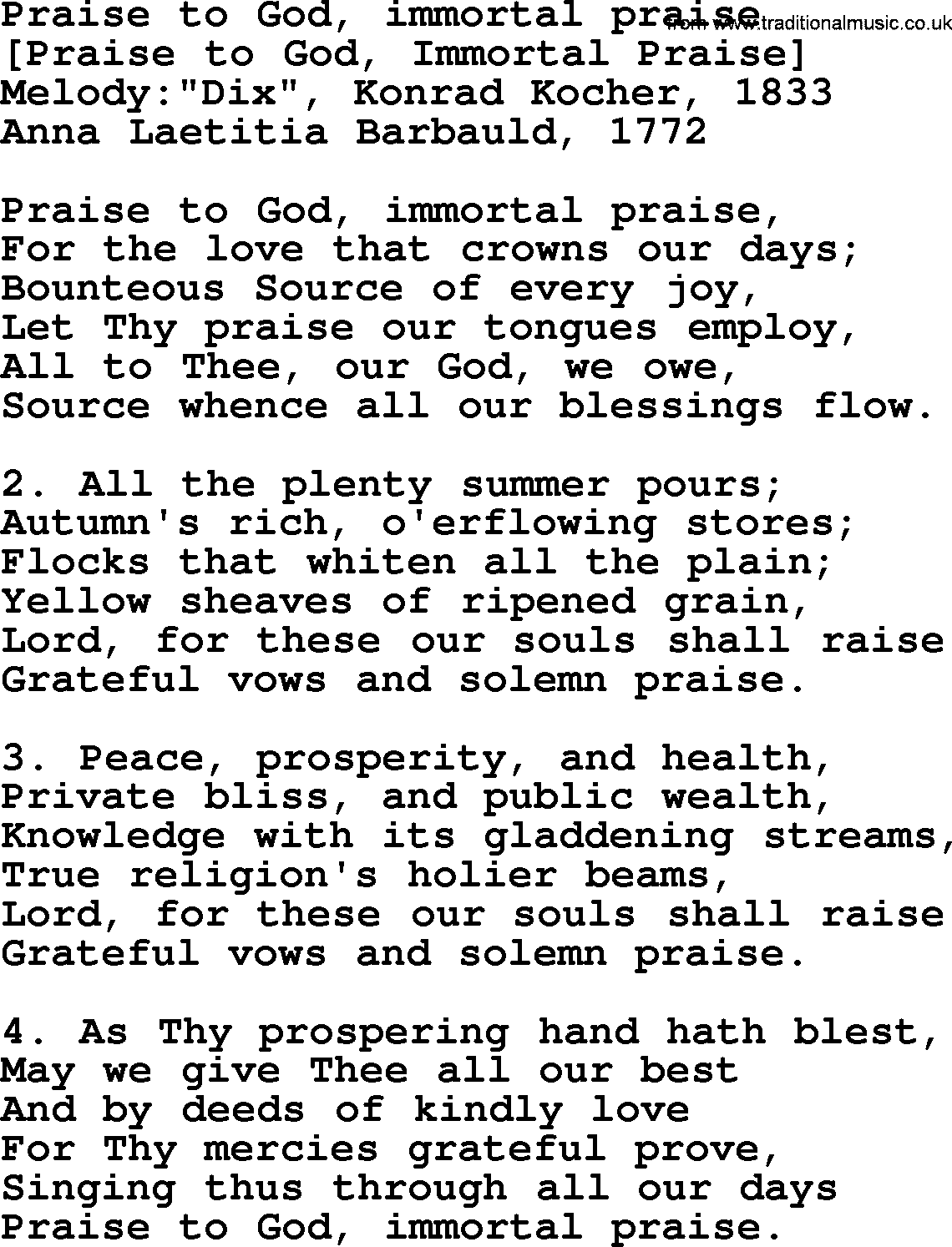 Old English Song: Praise To God, Immortal Praise lyrics