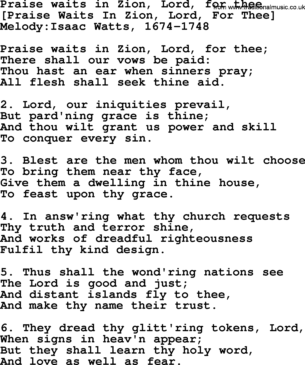 Old English Song: Praise Waits In Zion, Lord, For Thee lyrics