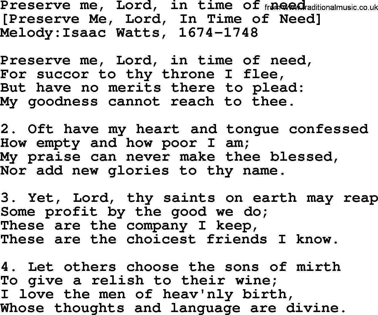 Old English Song: Preserve Me, Lord, In Time Of Need lyrics